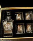 Engraved Wooden Boxed Curve Whiskey Decanter Set with 4 Scotch Glasses, Personalised Custom Monogram Premium Rustic Vintage Whisky Birthday, Groomsmen, Bar Gift for Dad/ Him