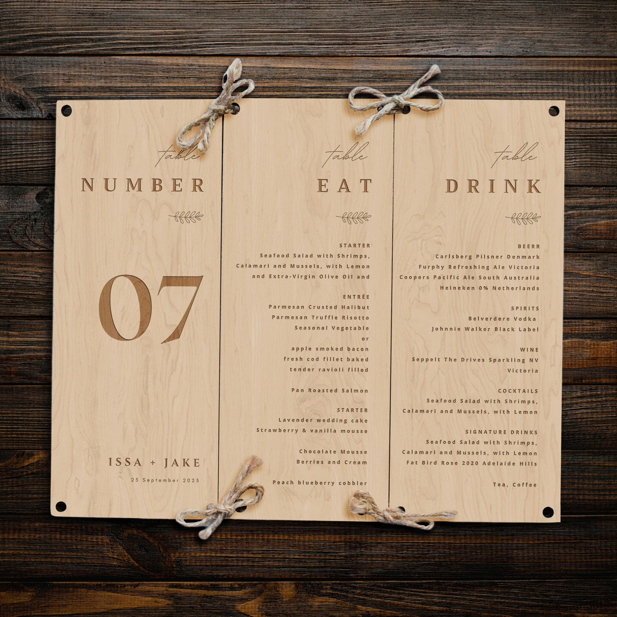 Personalised Trifold Plywood Wedding Number Program Table Sign, Engraved Custom Rustic Centrepiece Plaque Menu Holder Ceremony Event Signage