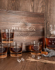 Engraved Wooden Boxed Round Whiskey Decanter Set with 4 Scotch Glasses, Personalised Custom Monogram Premium Rustic Vintage Whisky Birthday, Groomsmen, Bar Gift for Dad/ Him