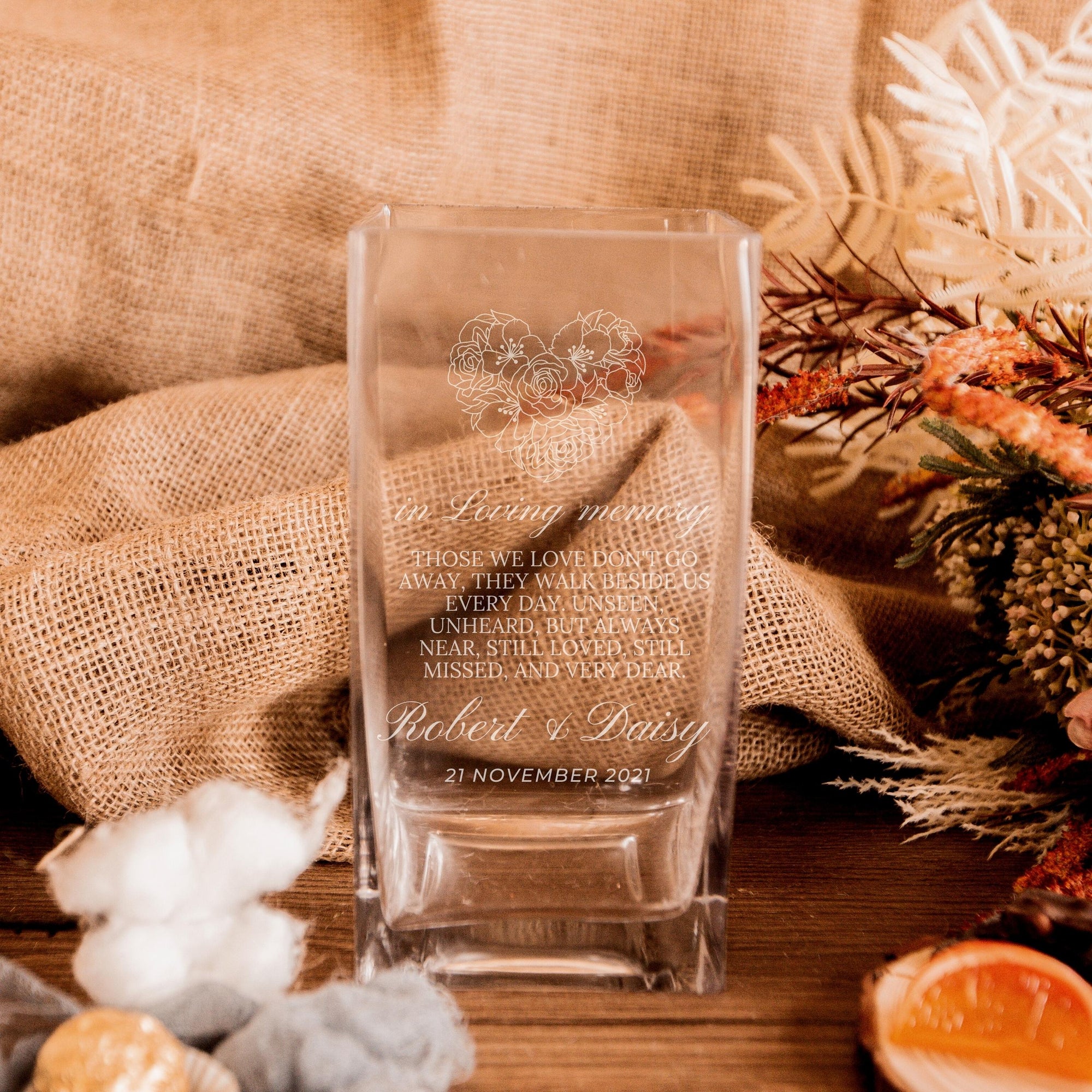 Personalised Square Tank Glass Vase, Custom Engraved Memorial Wedding Gift for Bridesmaid, Mother of Bride/ Groom, Housewarming, Anniversary