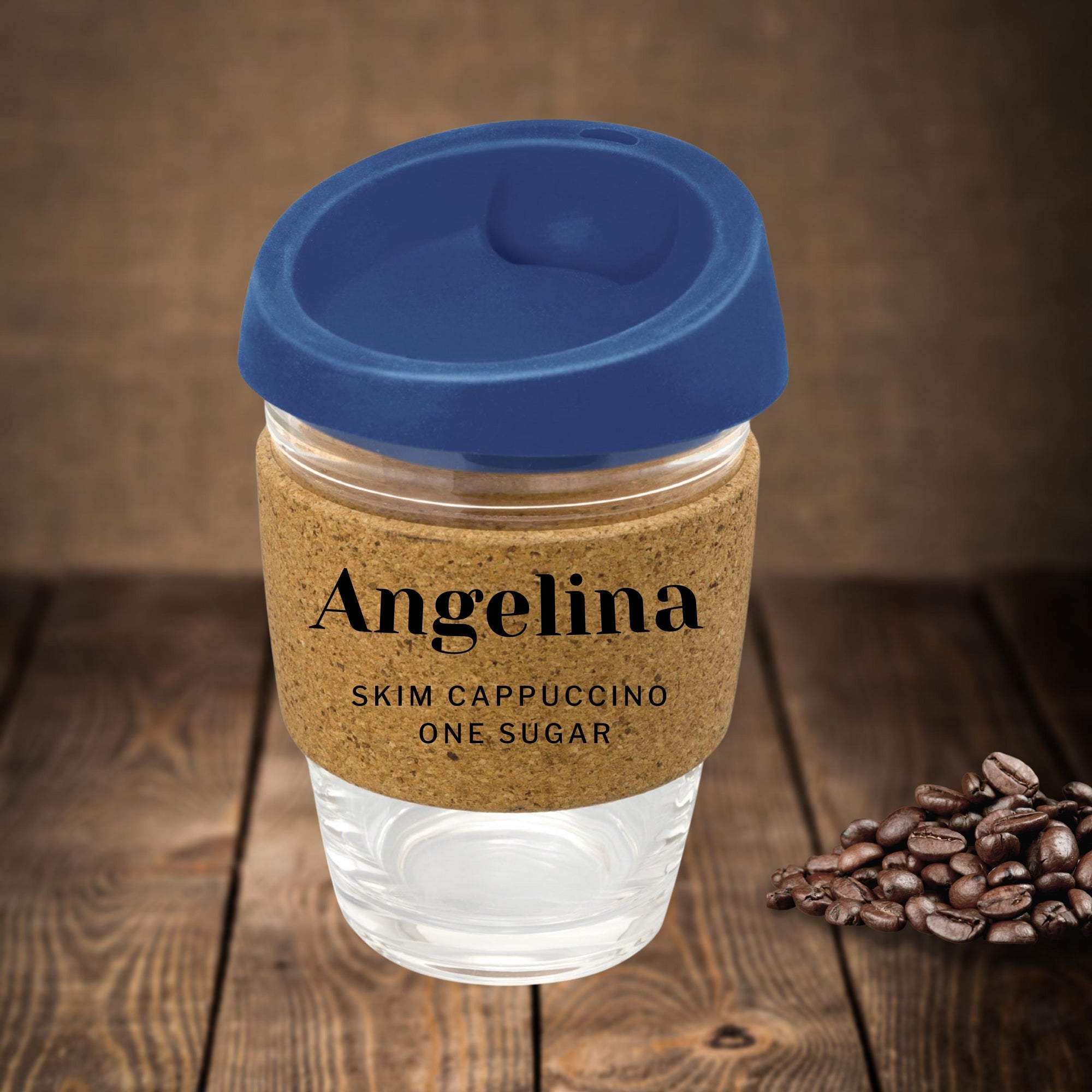 Personalised Cork Band Reusable Glass Coffee Cup 340ml, Custom Engraved Mug/ Tumbler, Corporate, Birthday/ Teacher/ Office Mothers Day Gift