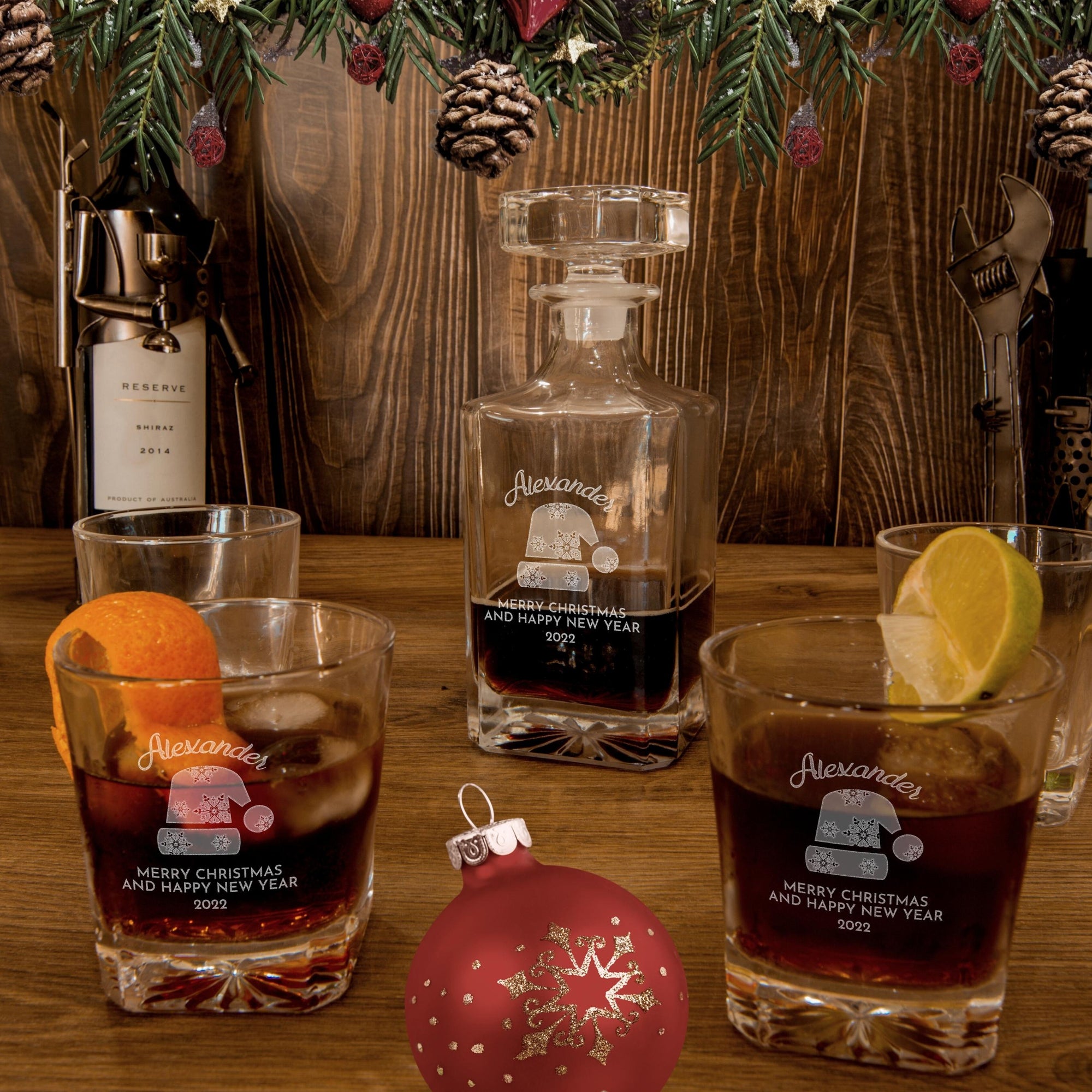 Christmas Engraved Whiskey Decanter Set with 4  Scotch Glasses, Xmas New Year Personalised Custom Monogram Premium Whisky Birthday, Groomsmen,Dad/ Him Gift