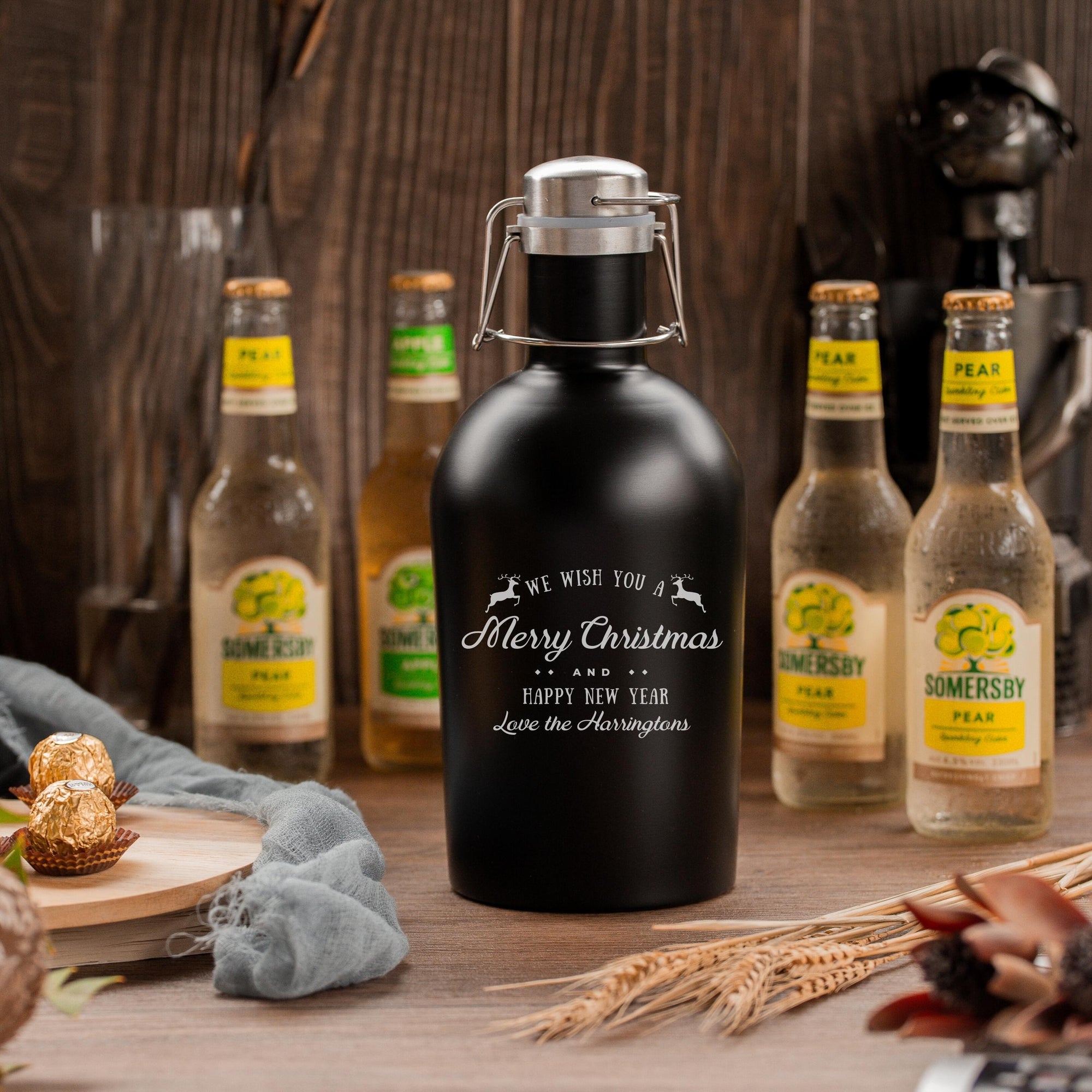 Christmas 2L Personalised Engraved Stainless Steel Insulated Beer Travel Growler, Etching Custom Logo Thermal Brew Tank, Corporate/ Father/ Housewarming Gift, Xmas, New Year Favour Present