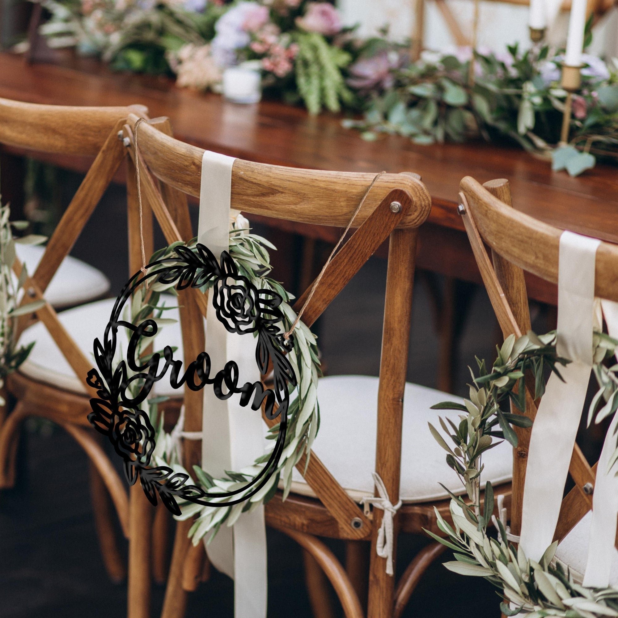 Personalised Wooden/ Mirror Acrylic Wedding Chair Sign for Reception, Custom Matching Pair of Couple Name Signage, Mr & Mrs, Groom & Bride, Hubby & Wifey, Husband & Wife Scribble Flower Hoop, Rustic Event Photo Prop