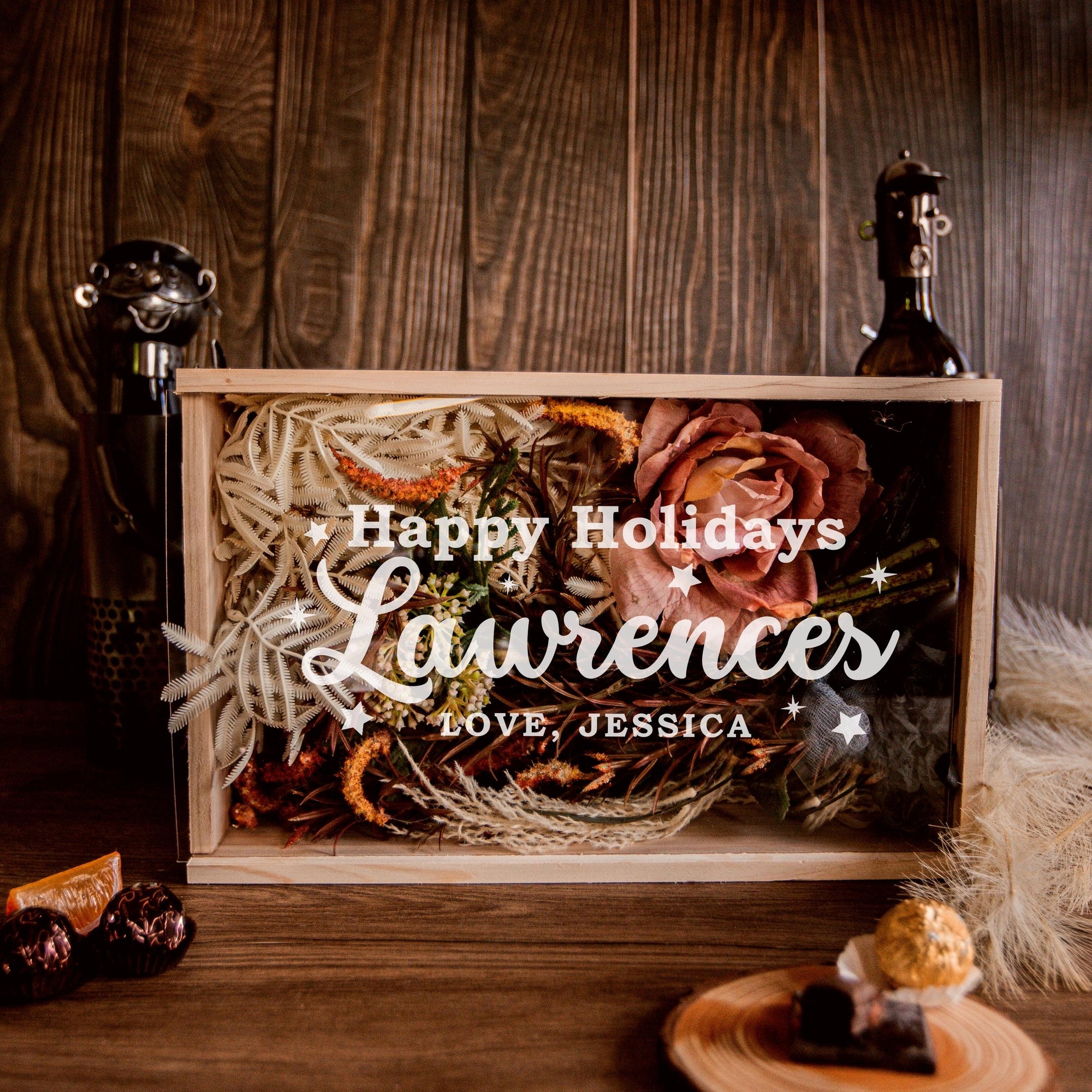 Christmas Personalised Clear Acrylic Lid & Wooden Twin Double Wine Box Gift, Xmas New Year Engraved Custom Housewarming/ Birthday Teacher Corporate Gift