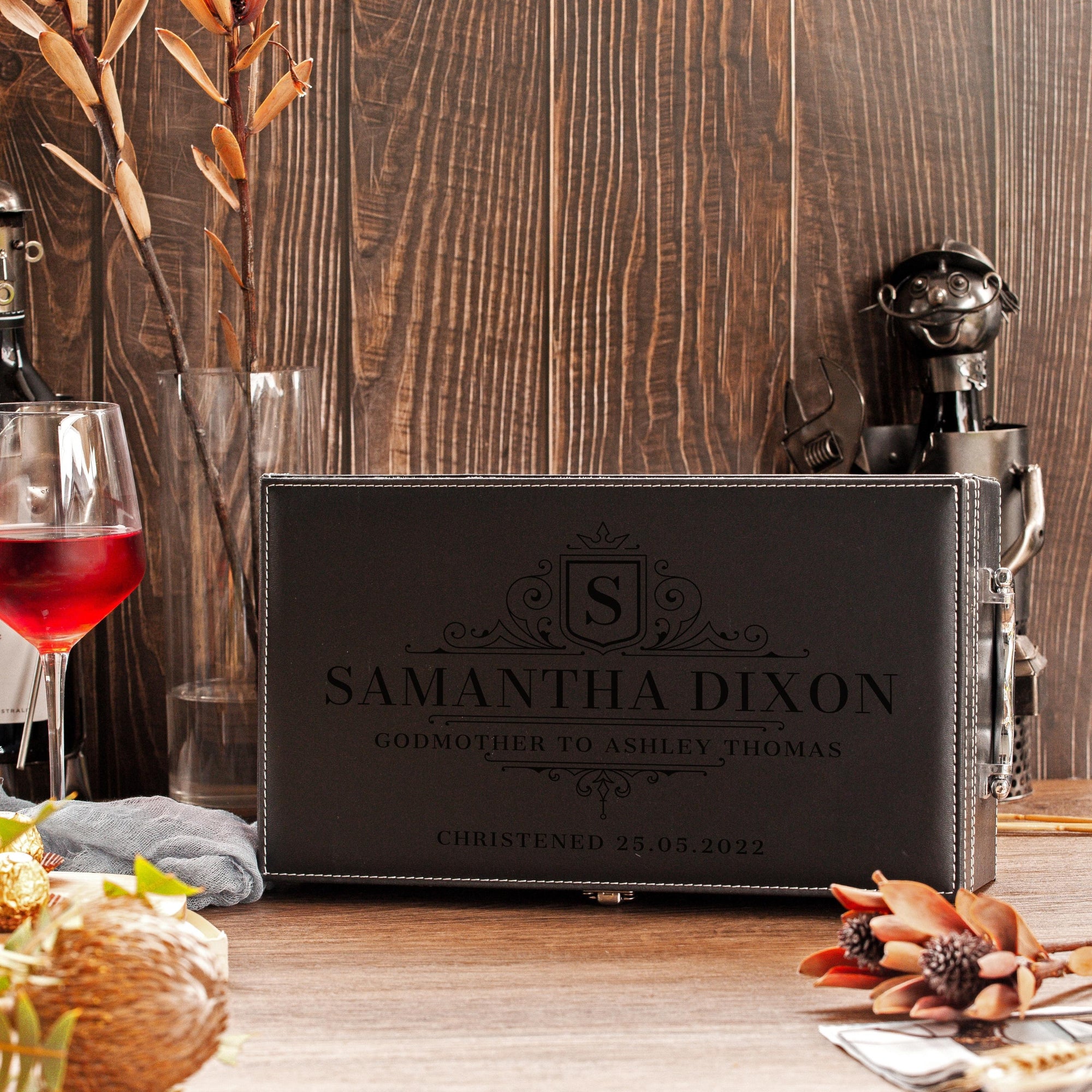 Personalised Premium Leather Twin Wine Box & Accessories, Engraved Custom Housewarming/ Birthday/ Teacher Champagne Present Box, Wedding Bridesmaid/ Groomsman, Thank You God Parents Favour, Mother's, Father's Day