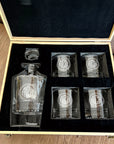 Engraved Wooden Boxed Round Whiskey Decanter Set with 4 Scotch Glasses, Personalised Custom Monogram Premium Rustic Vintage Whisky Birthday, Groomsmen, Bar Gift for Dad/ Him