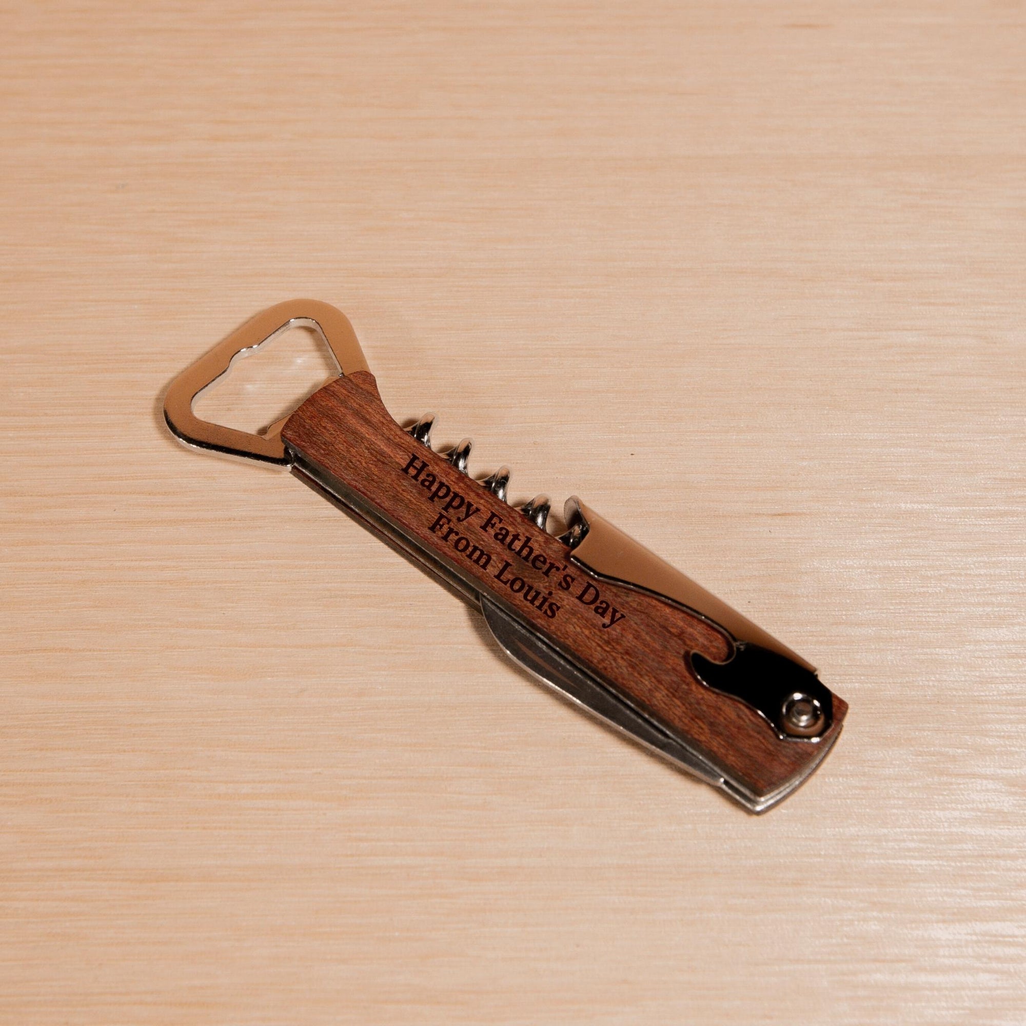 Personalised Engraved Wooden Handle Beer Bottle Opener & Wine Corkscrew, Custom Logo Knife/Foil Cutter, Corporate Gift, Wedding Favour, Groomsmen/ Father's Day Gift for Him, Christmas/ Teacher Present