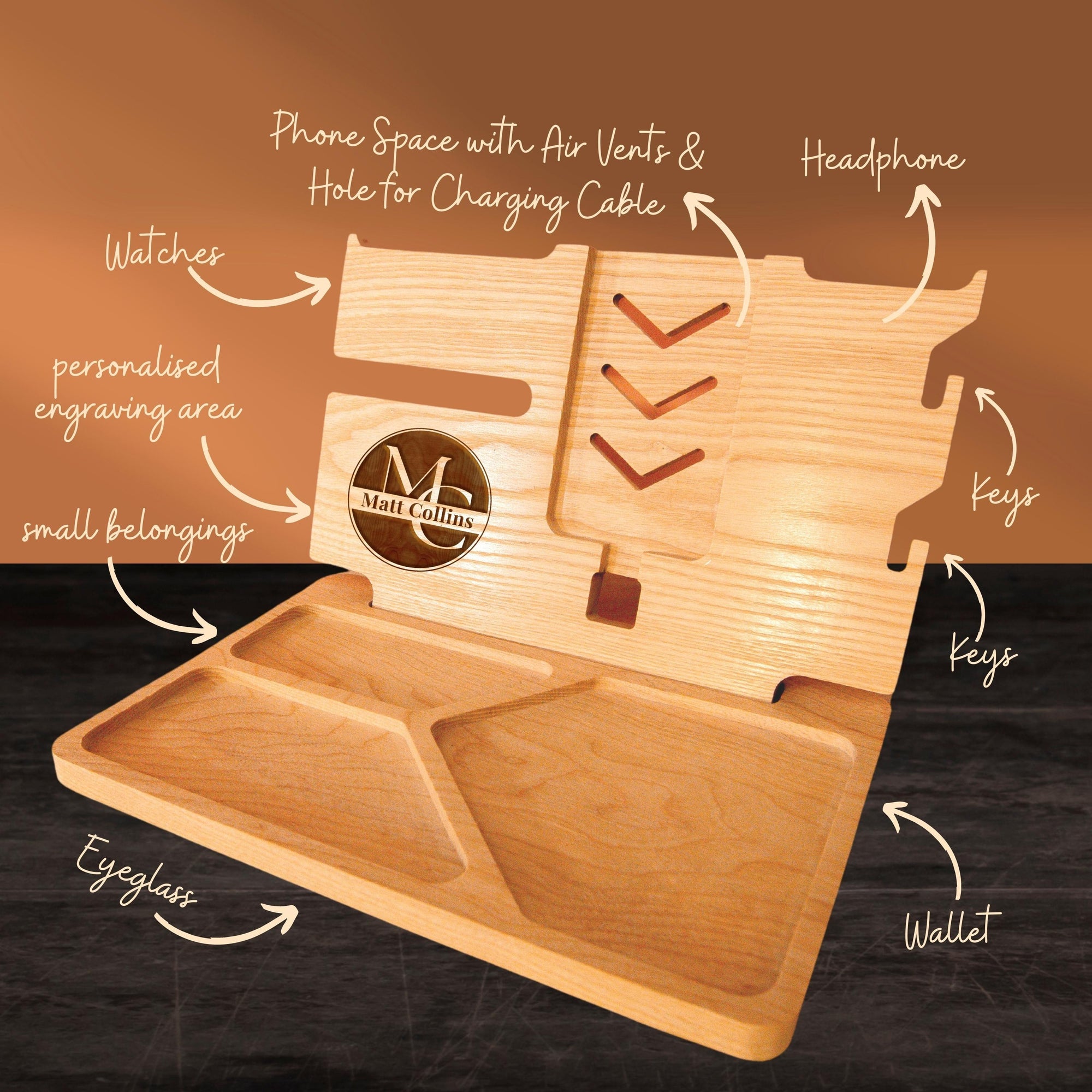 Personalised Oak Docking Station, Night Valet Stand, Wooden Phone & Watch Display, Headphone Holder, Custom Office Desk Charging Organiser, Gift for Him, Dad, Birthday, Housewarming
