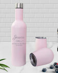 Personalised Engraved Stainless Steel Double Wall Insulated Travellers Set of 3, Thermal Wine Bottle & 2 Tumblers Custom Logo Corporate Gift