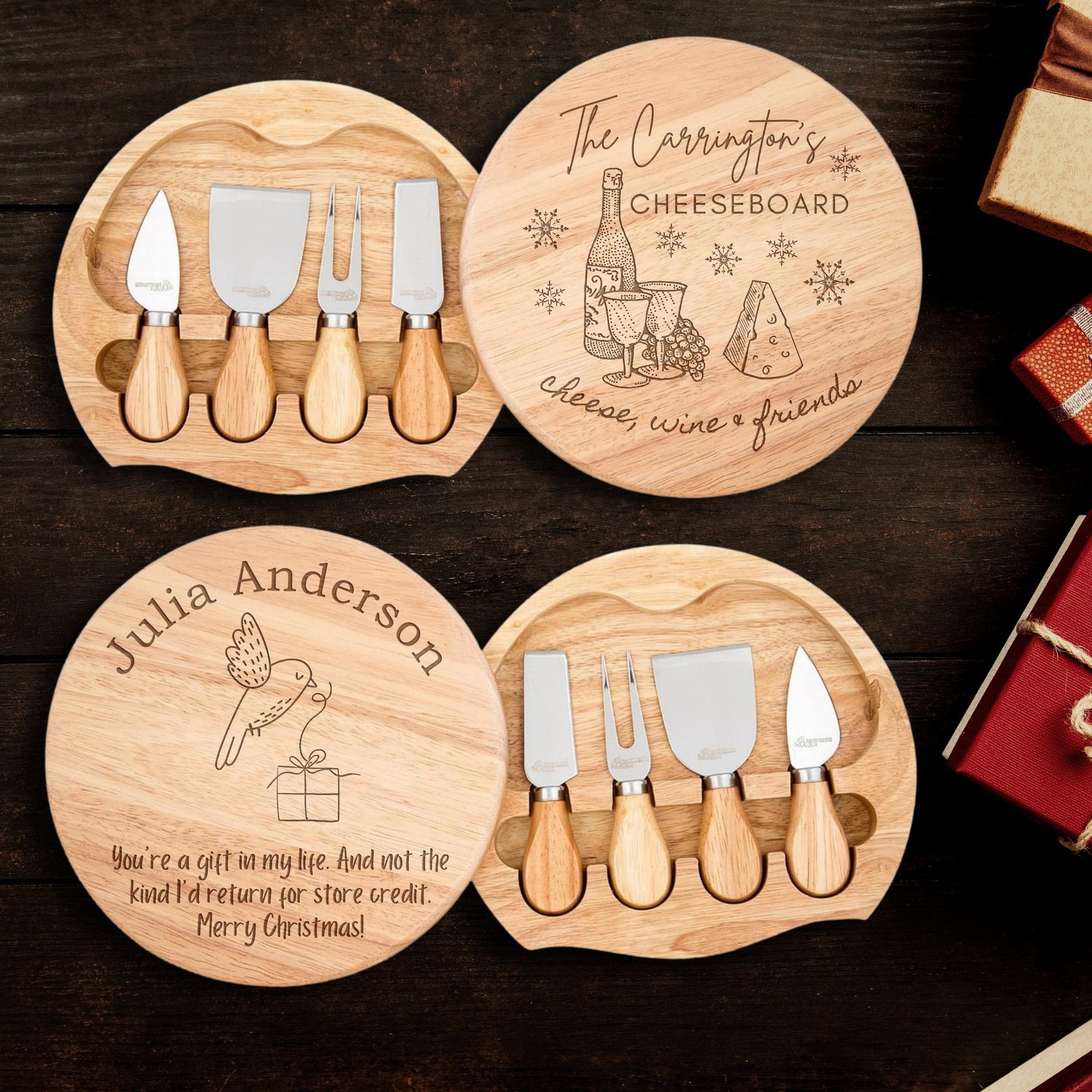 Christmas Personalised Round Wooden Cheese Board & Knife Travel Set, Engraved Custom Noel/ Santa Charcuterie Platter, Xmas/ New Year Corporate Holiday Gift