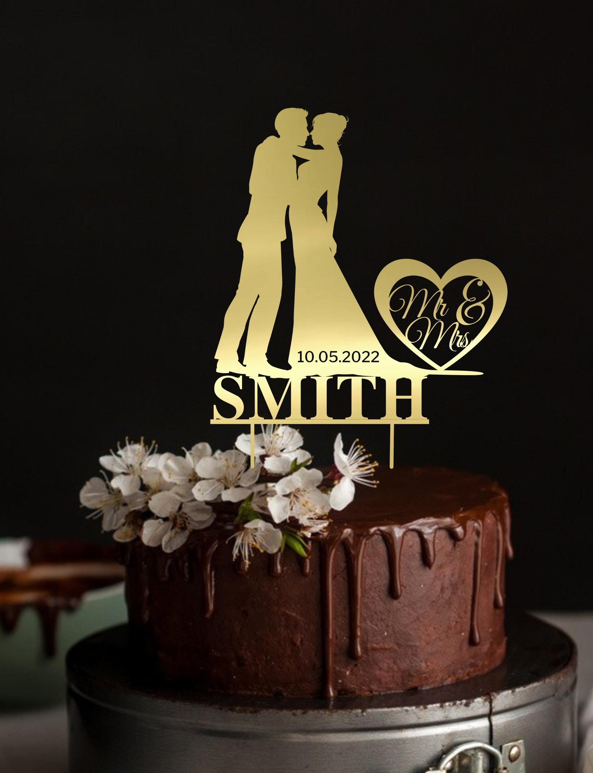 Personalised MDF/ Mirror Acrylic Wedding Silhouette Cake Topper, Custom Name & Date Kissing Couple Bridal & Groom, Hens, Event Party Supply Decor