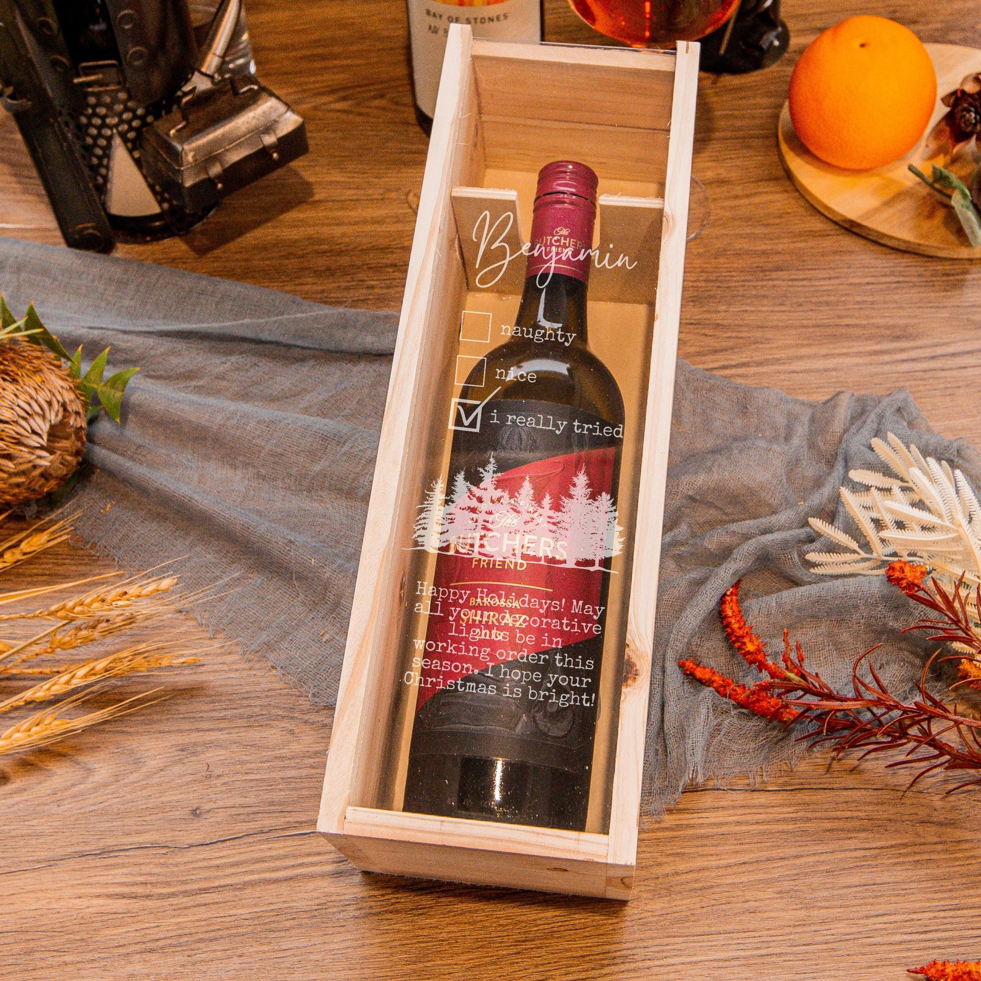 Christmas Personalised Clear Acrylic Lid & Wooden Wine Box Gift, Xmas New Year Engraved Custom Housewarming/ Birthday, Teacher Gift, Wedding Favour