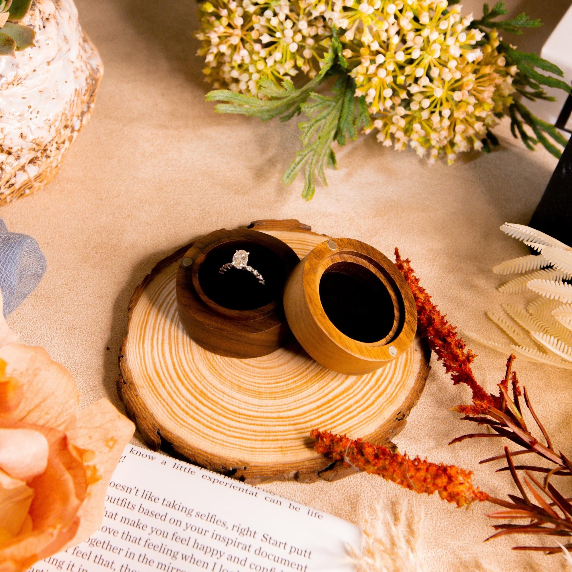 Personalised Wooden Engagement Proposal Ring Bearer Box, Custom Engraved Wedding Single Slot Solid Walnut Round Ring Holder Storage, Anniversary Gift