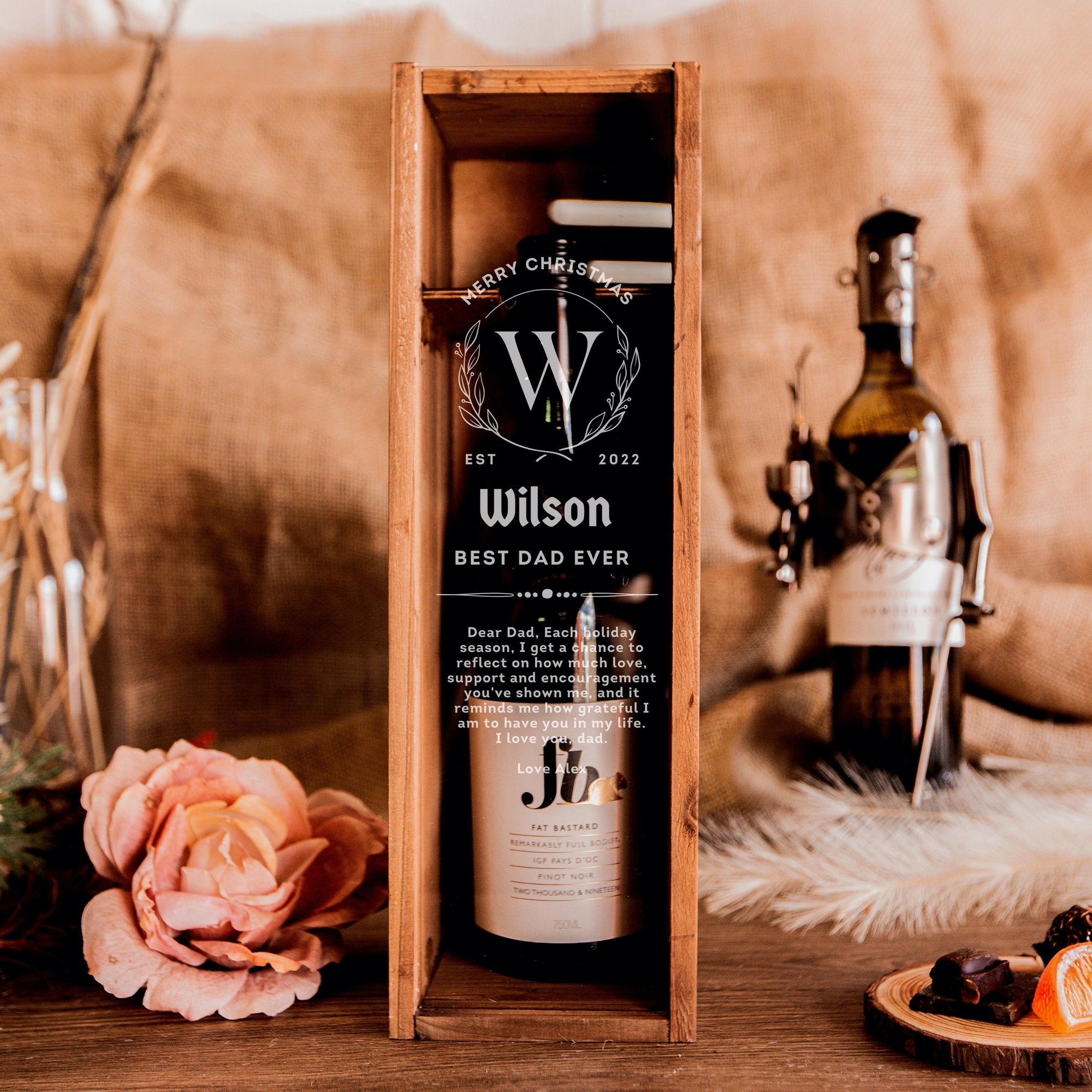 Christmas Personalised Clear Acrylic Lid Rustic Vintage Wooden Wine Box Gift, Engraved Custom Xmas/ New Year Housewarming, Mom Dad, Teacher, Corporate Gift