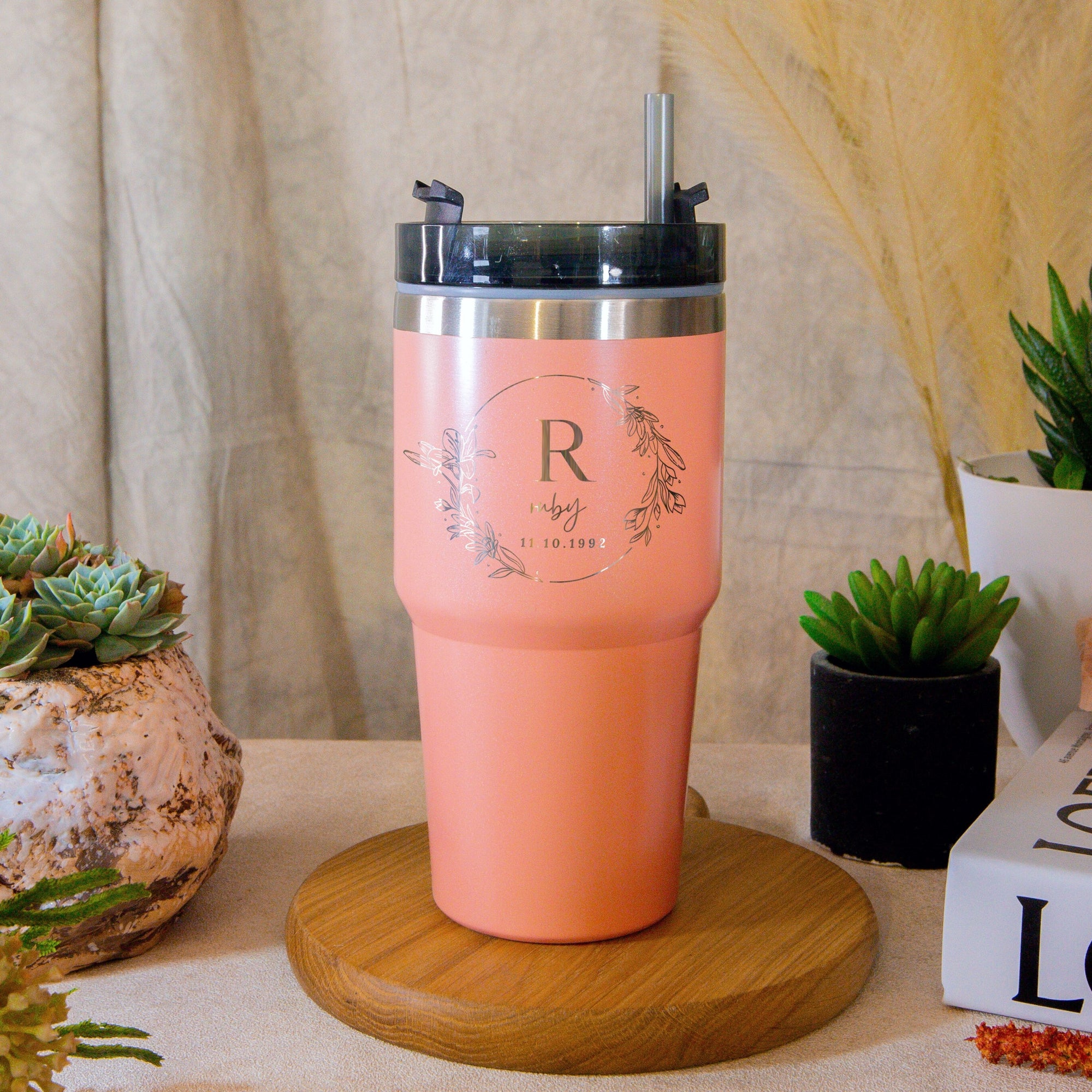 Personalised Engraved Stainless Steel Insulated Tumbler & Straw Set, Laser Engraved Custom Logo Travel Thermal Drink Bottle, Coffee Cup, Corporate Birthday Gift