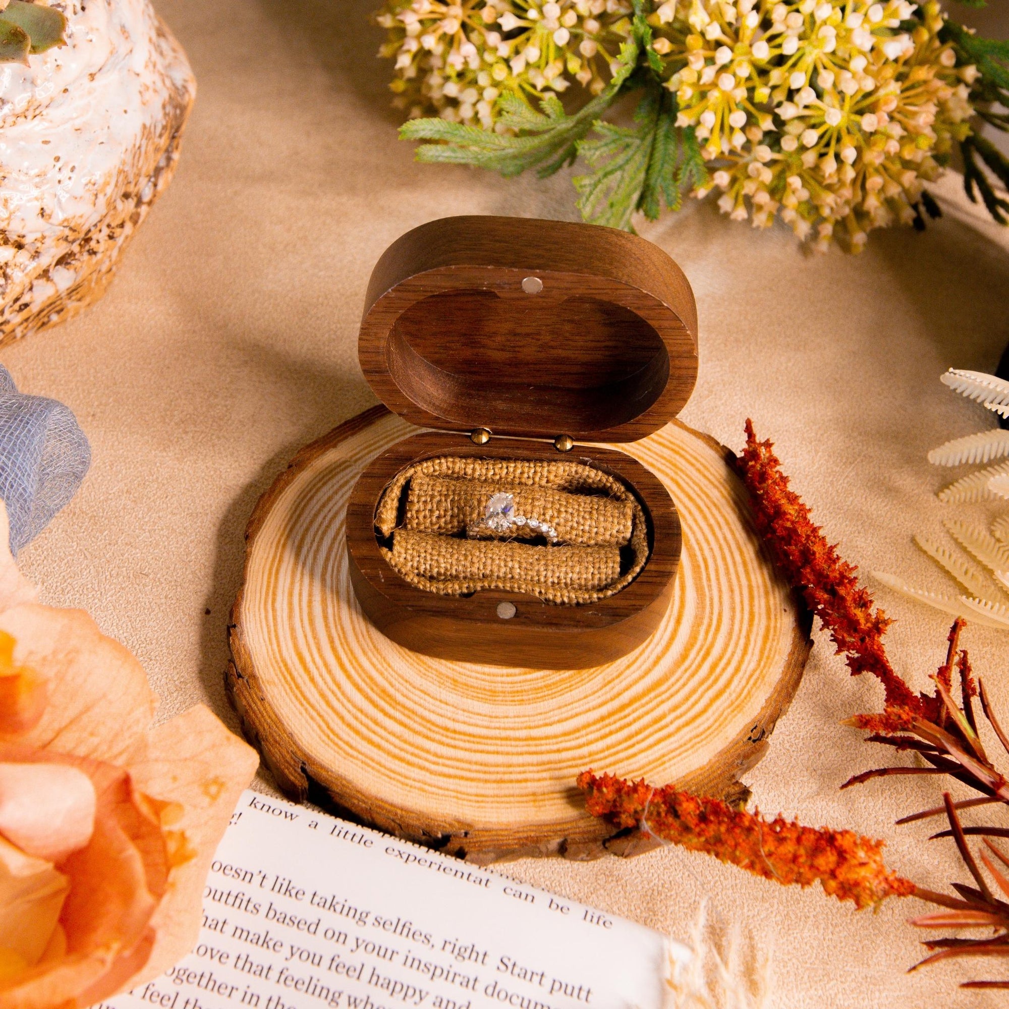 Personalised Wooden Engagement Proposal Ring Bearer Box, Custom Engraved Wedding Double Slot Solid Walnut Oval Ring Holder Storage, Rustic Vintage Anniversary Gift