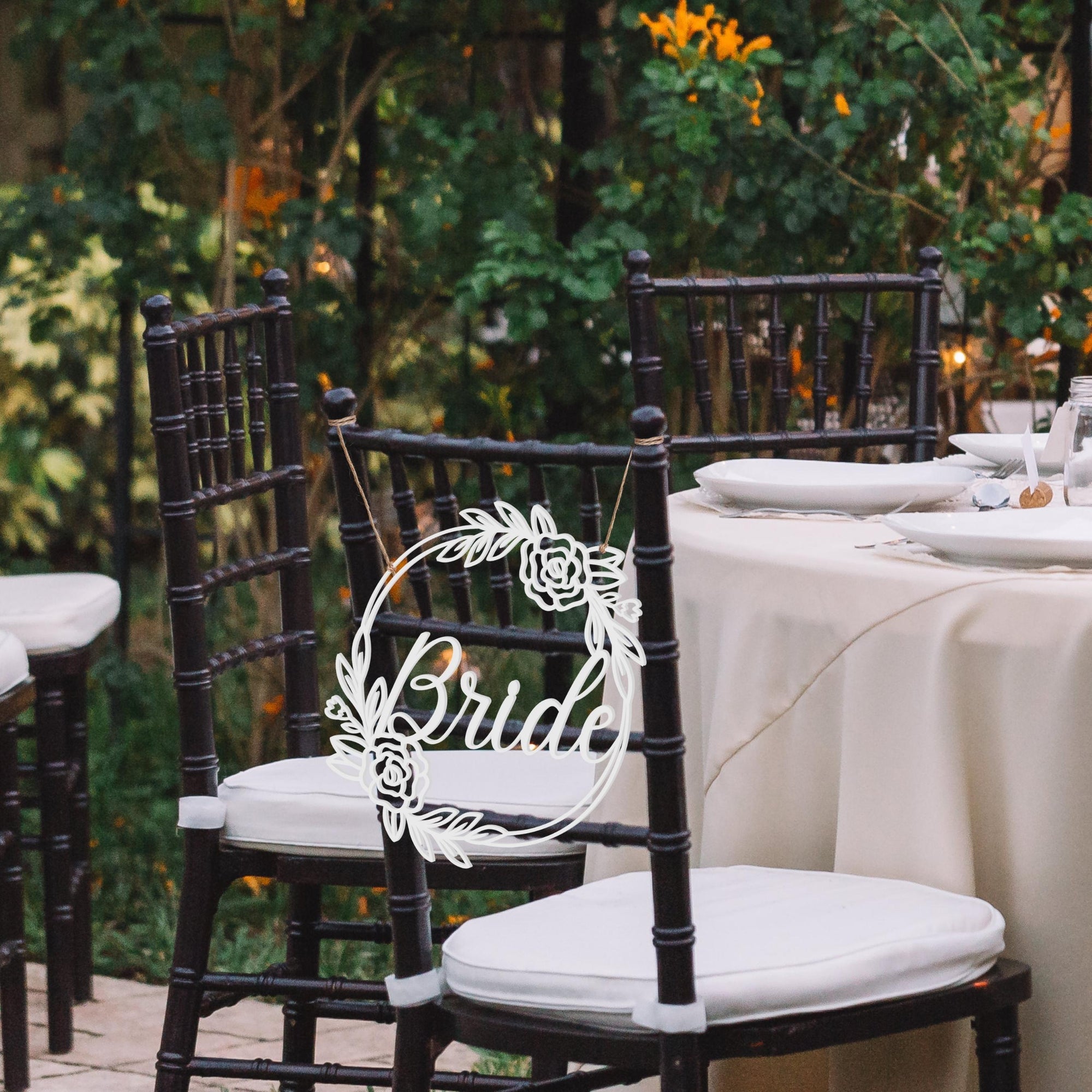 Personalised Wooden/ Mirror Acrylic Wedding Chair Sign for Reception, Custom Matching Pair of Couple Name Signage, Mr & Mrs, Groom & Bride, Hubby & Wifey, Husband & Wife Scribble Flower Hoop, Rustic Event Photo Prop