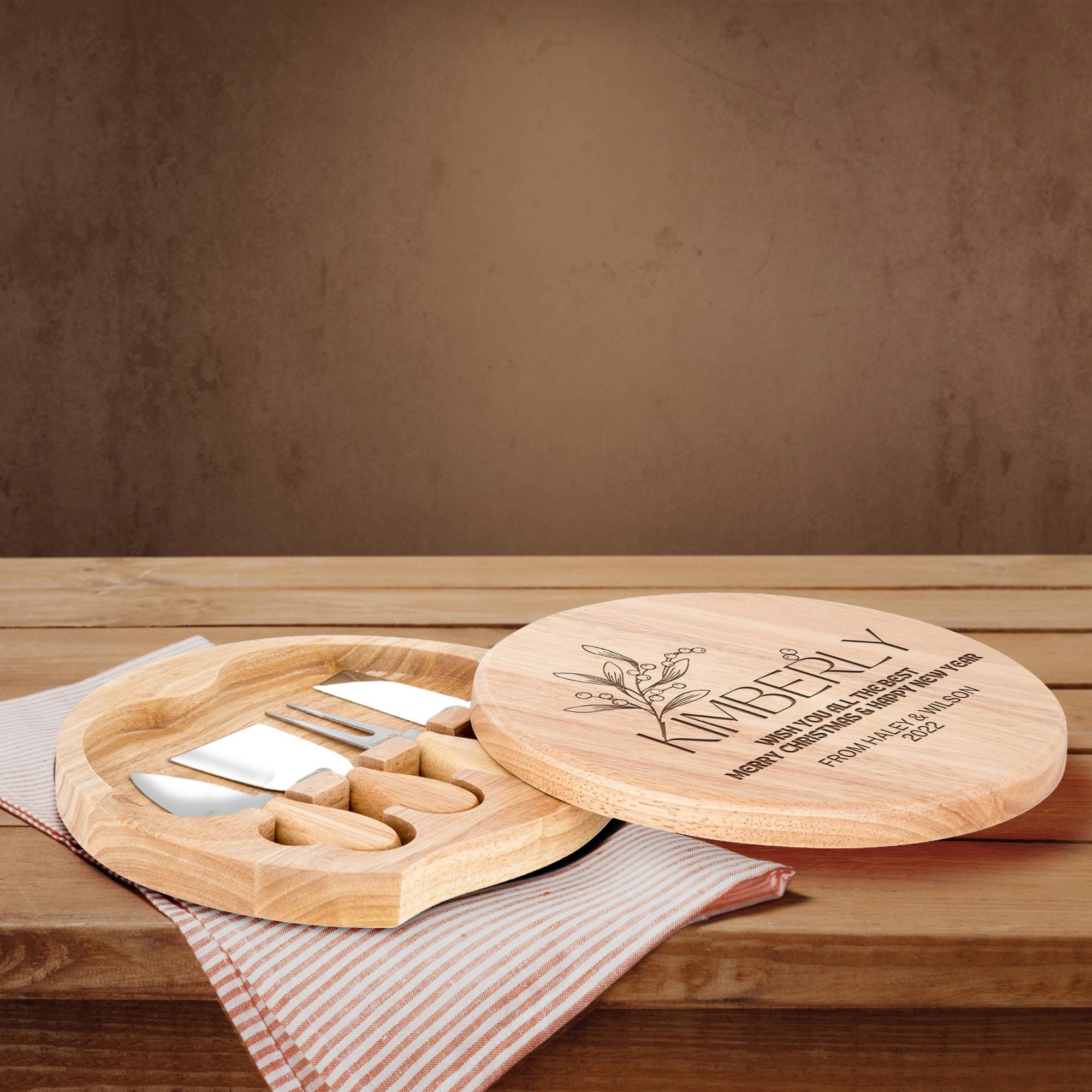Christmas Personalised Round Wooden Cheese Board & Knife Travel Set, Engraved Custom Noel/ Santa Charcuterie Platter, Xmas/ New Year Corporate Holiday Gift