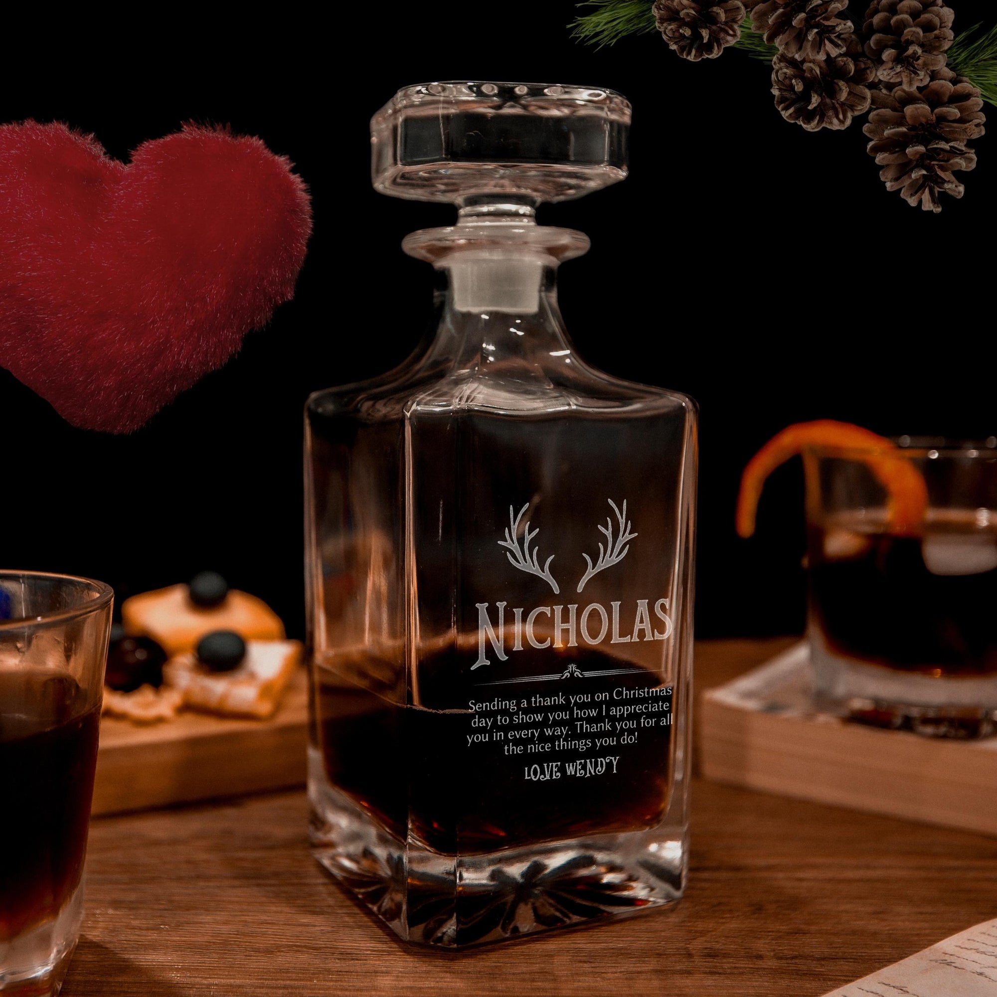 Christmas Engraved Whiskey Decanter Set with 4  Scotch Glasses, Xmas New Year Personalised Custom Monogram Premium Whisky Birthday, Groomsmen,Dad/ Him Gift