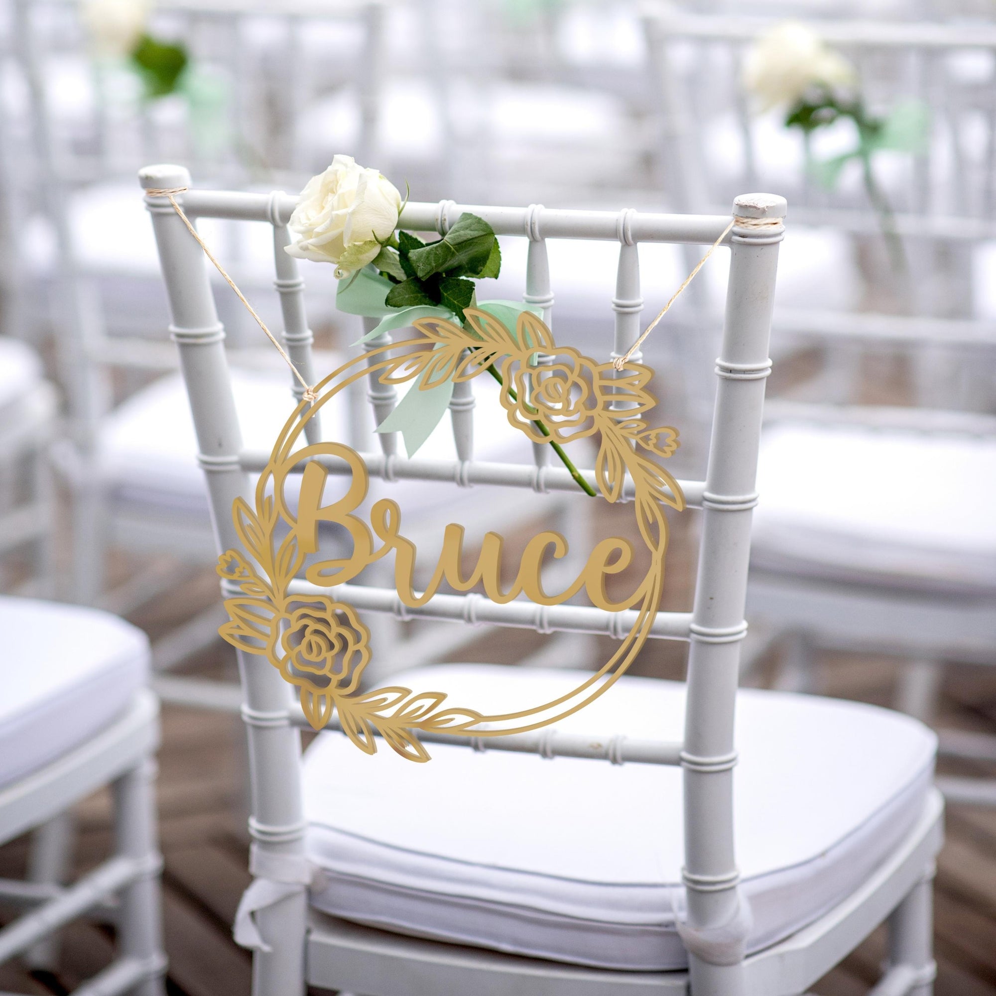 Personalised Wooden/ Mirror Acrylic Wedding Chair Sign for Reception, Custom Matching Pair of Couple Name Signage, Mr & Mrs, Groom & Bride, Hubby & Wifey, Husband & Wife Scribble Flower Hoop, Rustic Event Photo Prop