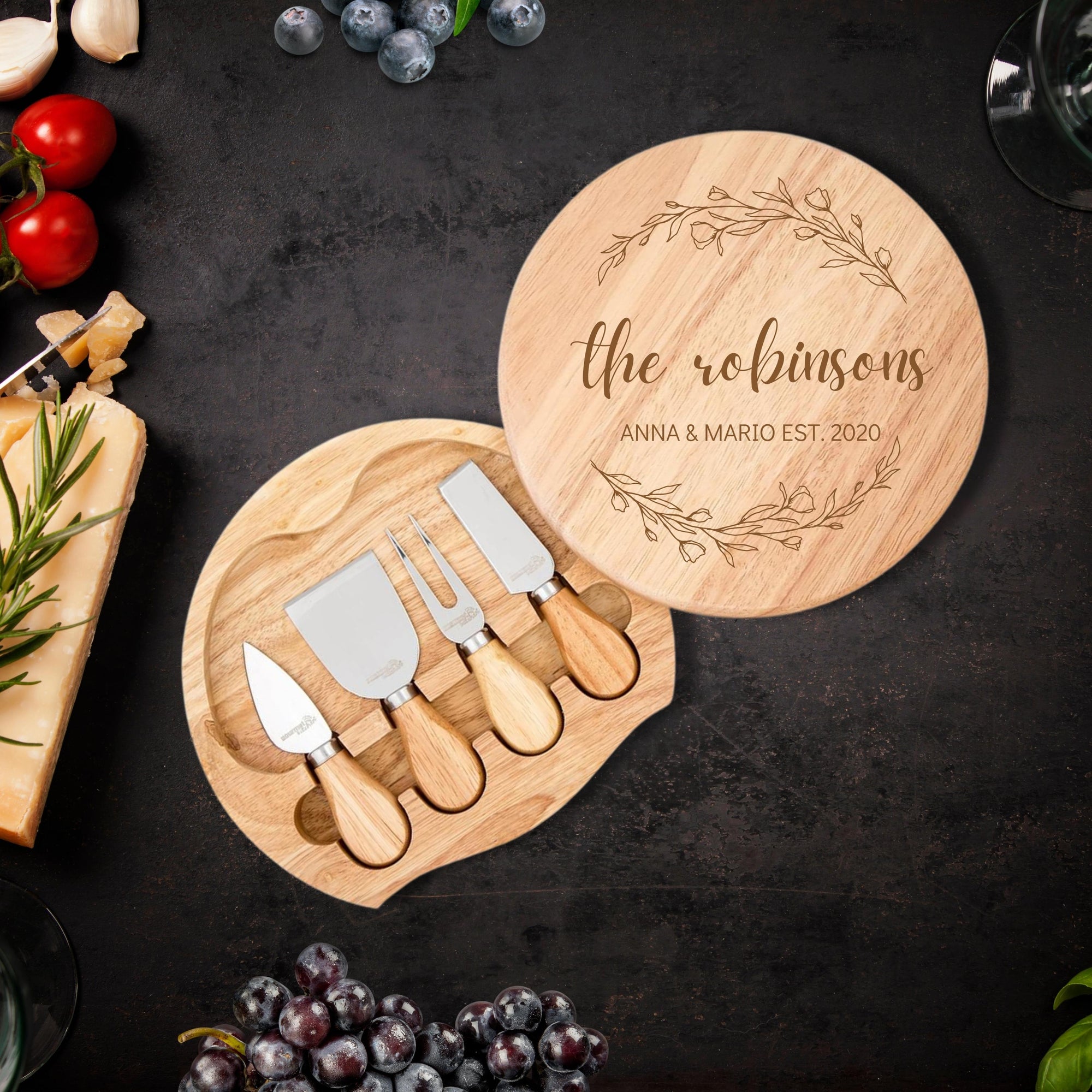 Personalised Round Wood Cheese Hinge Board & Knife Travel Set, Engraved Charcuterie Platter, Wedding Anniversary Corporate Housewarming Gift