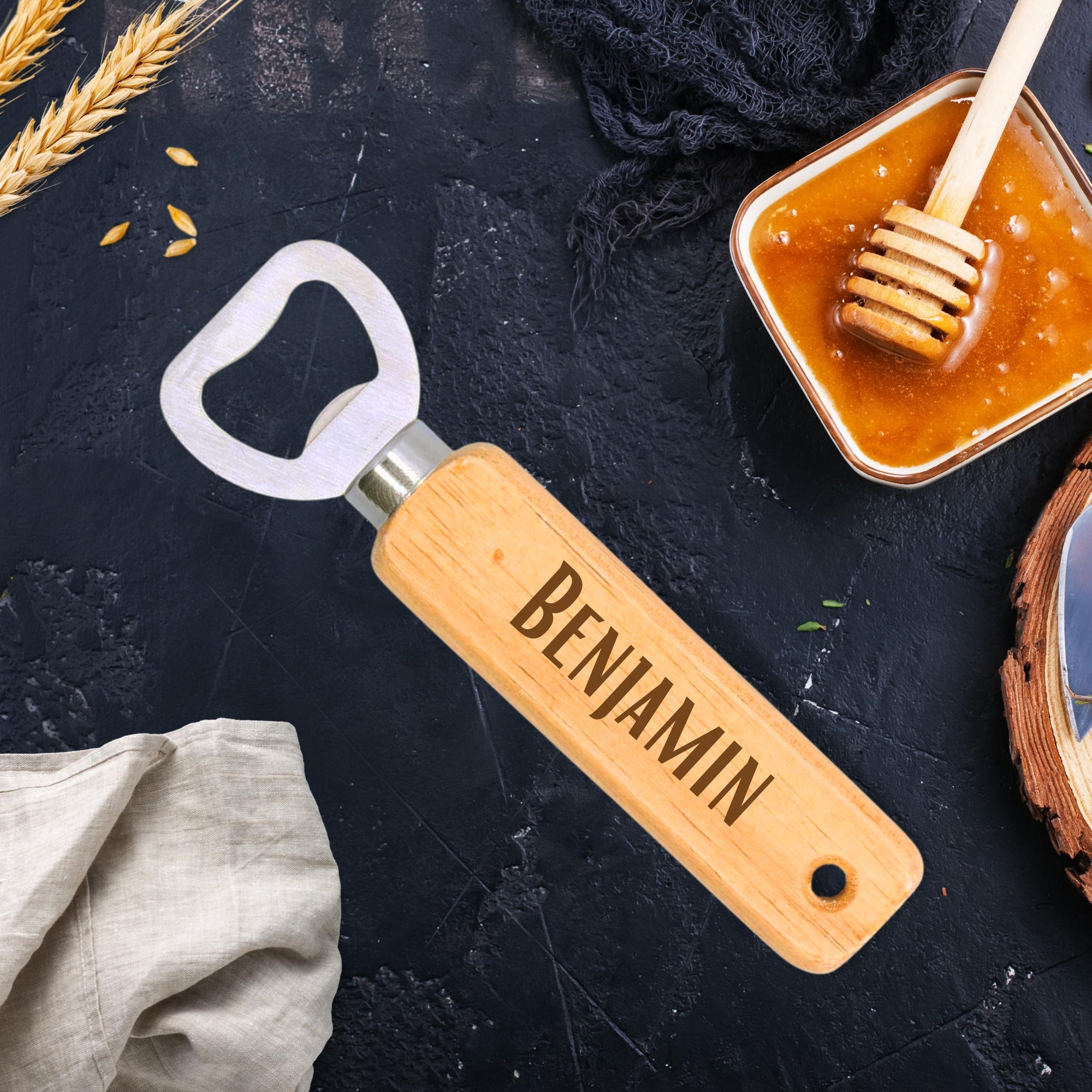 Personalised Engraved Wooden Handle Bottle Opener, Custom Logo Corporate Gift, Wedding Favour, Groomsmen/ Usher/ Father's Day Gift for Him, Christmas/ Teacher Present