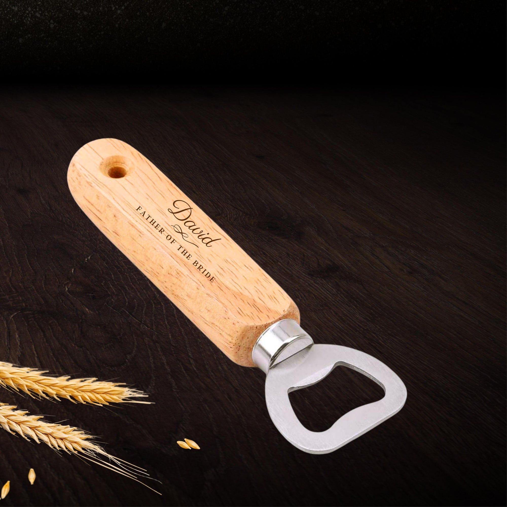 Personalised Engraved Wooden Handle Bottle Opener, Custom Logo Corporate Gift, Wedding Favour, Groomsmen/ Usher/ Father's Day Gift for Him, Christmas/ Teacher Present