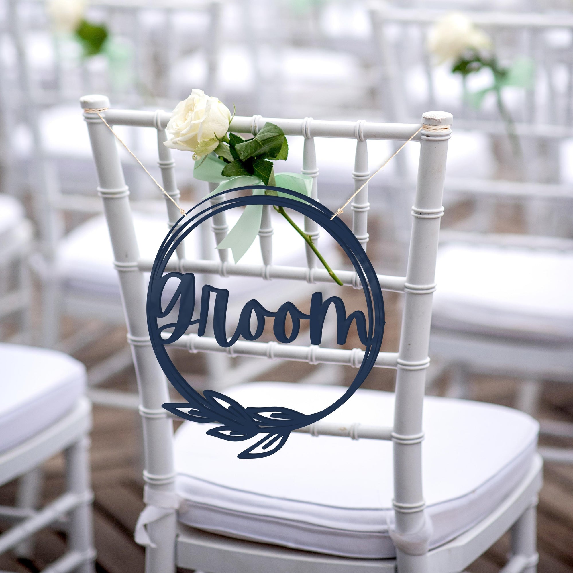 Personalised Wooden/ Mirror Acrylic Wedding Chair Sign for Reception, Custom Matching Pair of Couple Name Signage, Mr & Mrs, Groom & Bride, Hubby & Wifey, Husband & Wife Scribble Leaf Hoop, Rustic Event Photo Prop