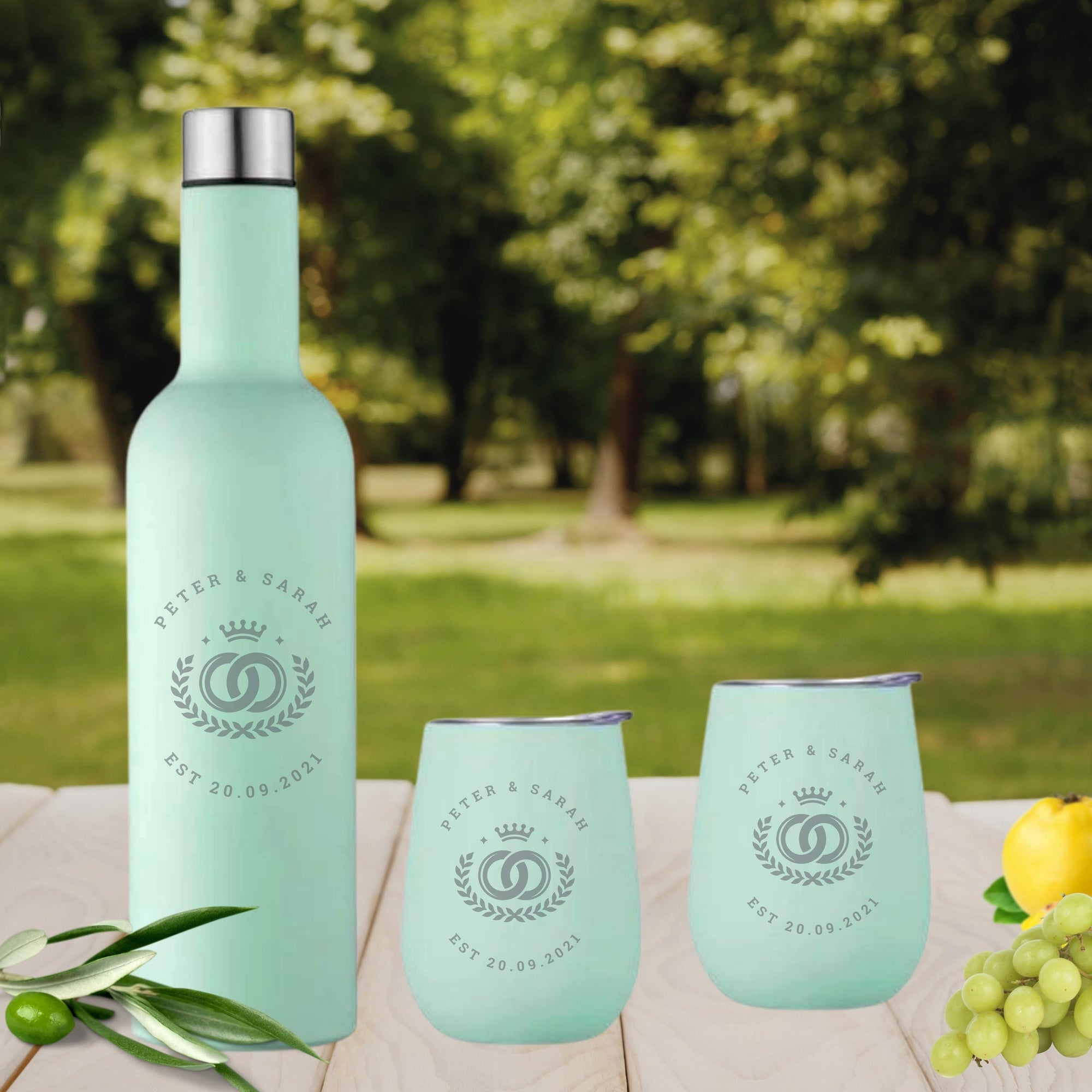 Personalised Engraved Stainless Steel Double Wall Insulated Travellers Set of 3, Thermal Wine Bottle & 2 Tumblers Custom Logo Corporate Gift