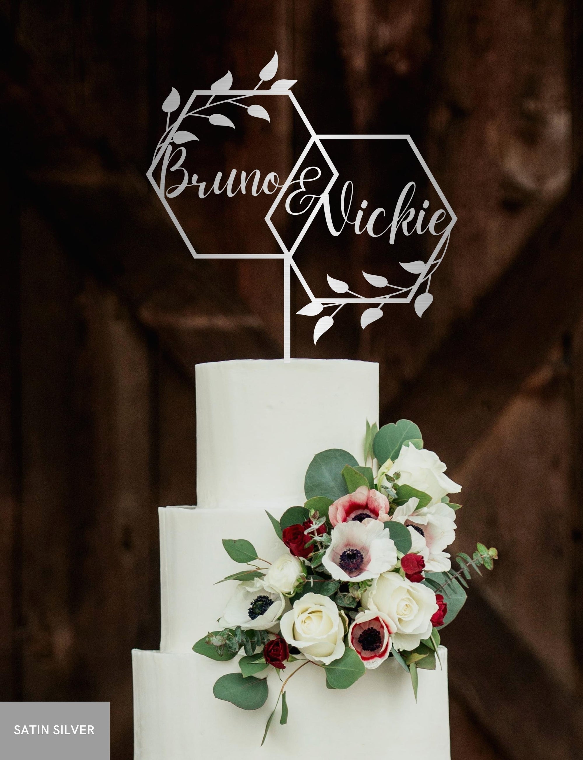 Personalised MDF/ Mirror Acrylic Wedding Cake Topper, Custom Join Name Overlap Hexagon Leaf Sign, Bridal, Groom Hens Event Party Supply Decor Toppers