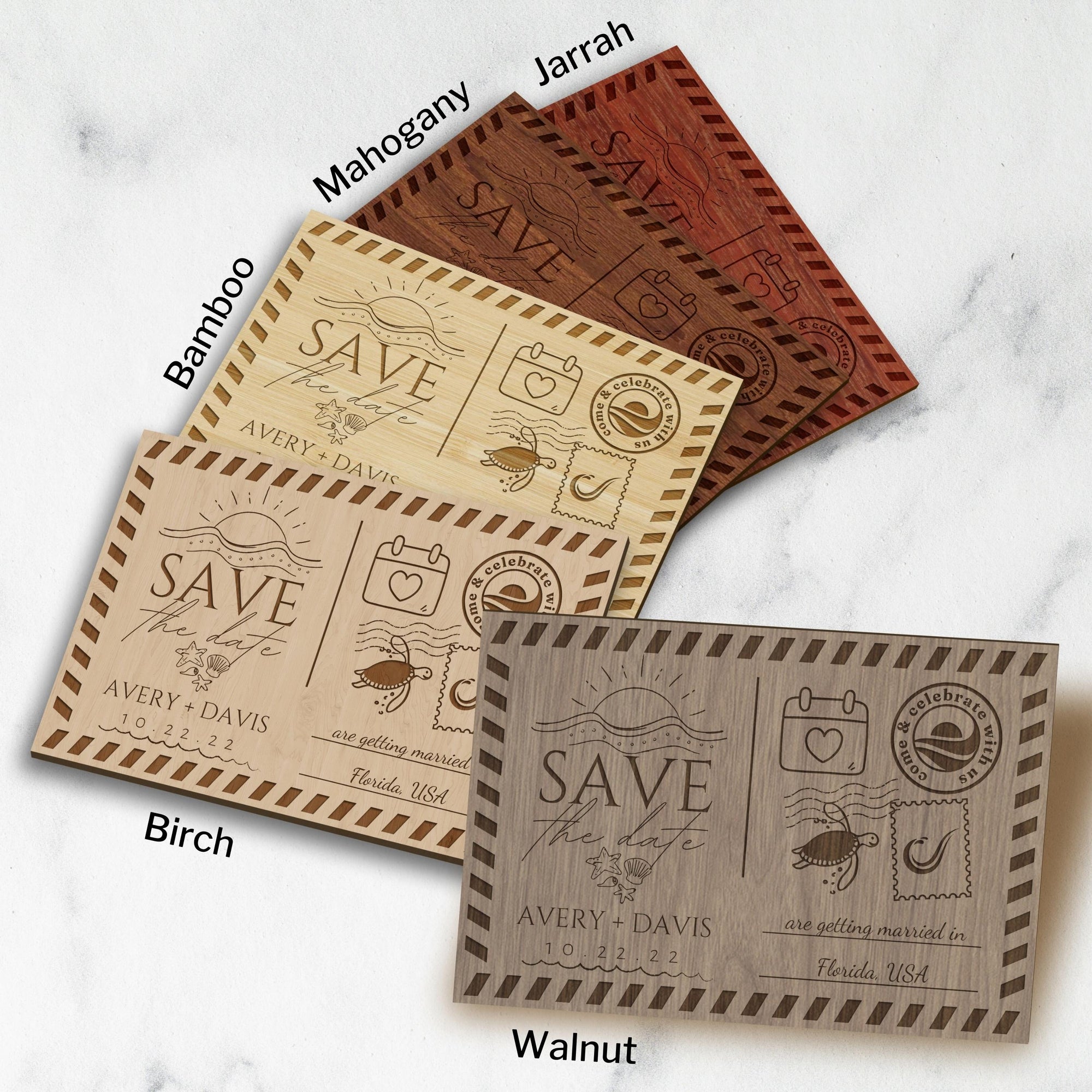 Engraved Wooden Save The Date Fridge Magnets, Personalised Tropical Wedding Invitation Post Card, Remember Date Announcement Guest Gift Tags