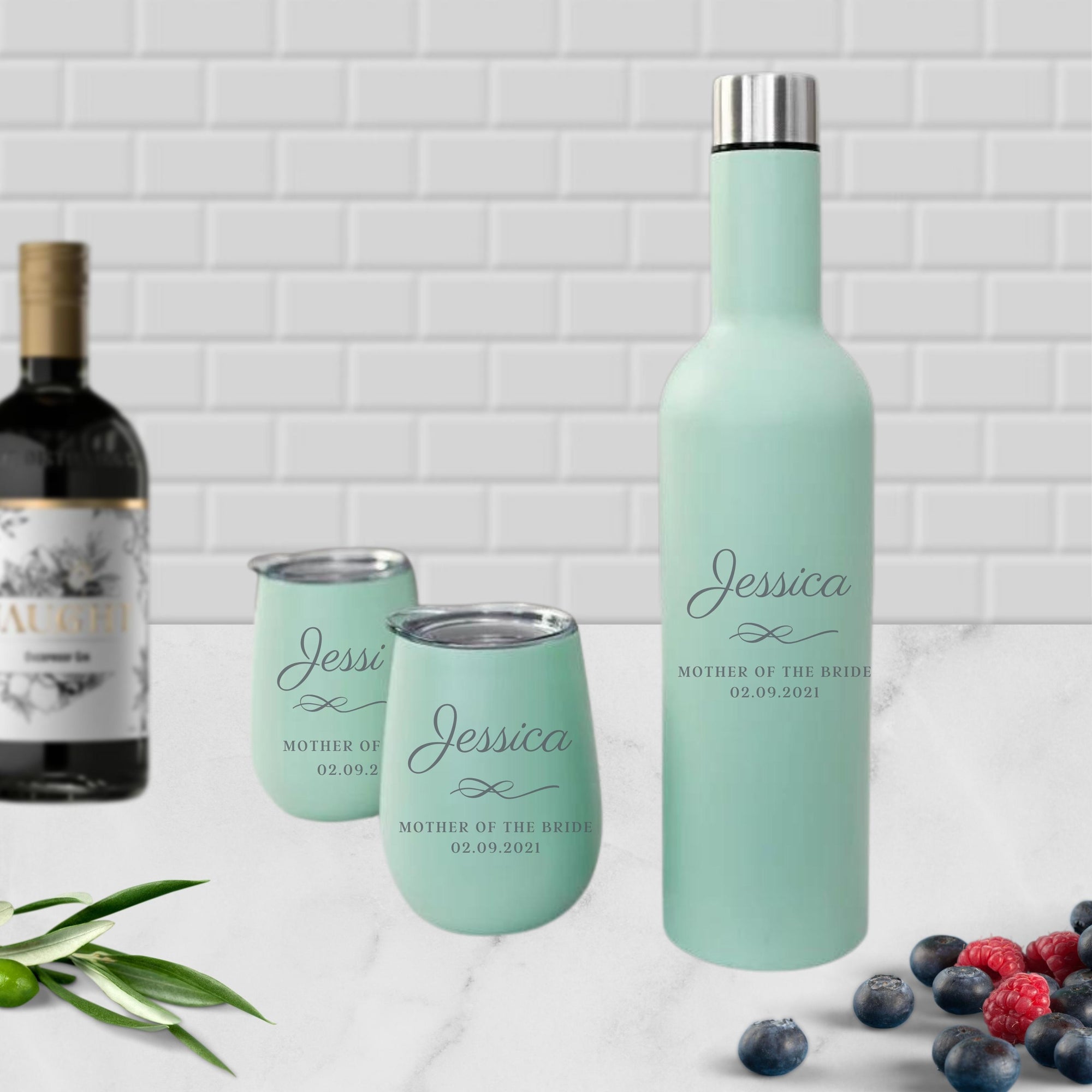 Personalised Engraved Stainless Steel Double Wall Insulated Travellers Set of 3, Thermal Wine Bottle & 2 Tumblers Custom Logo Corporate Gift