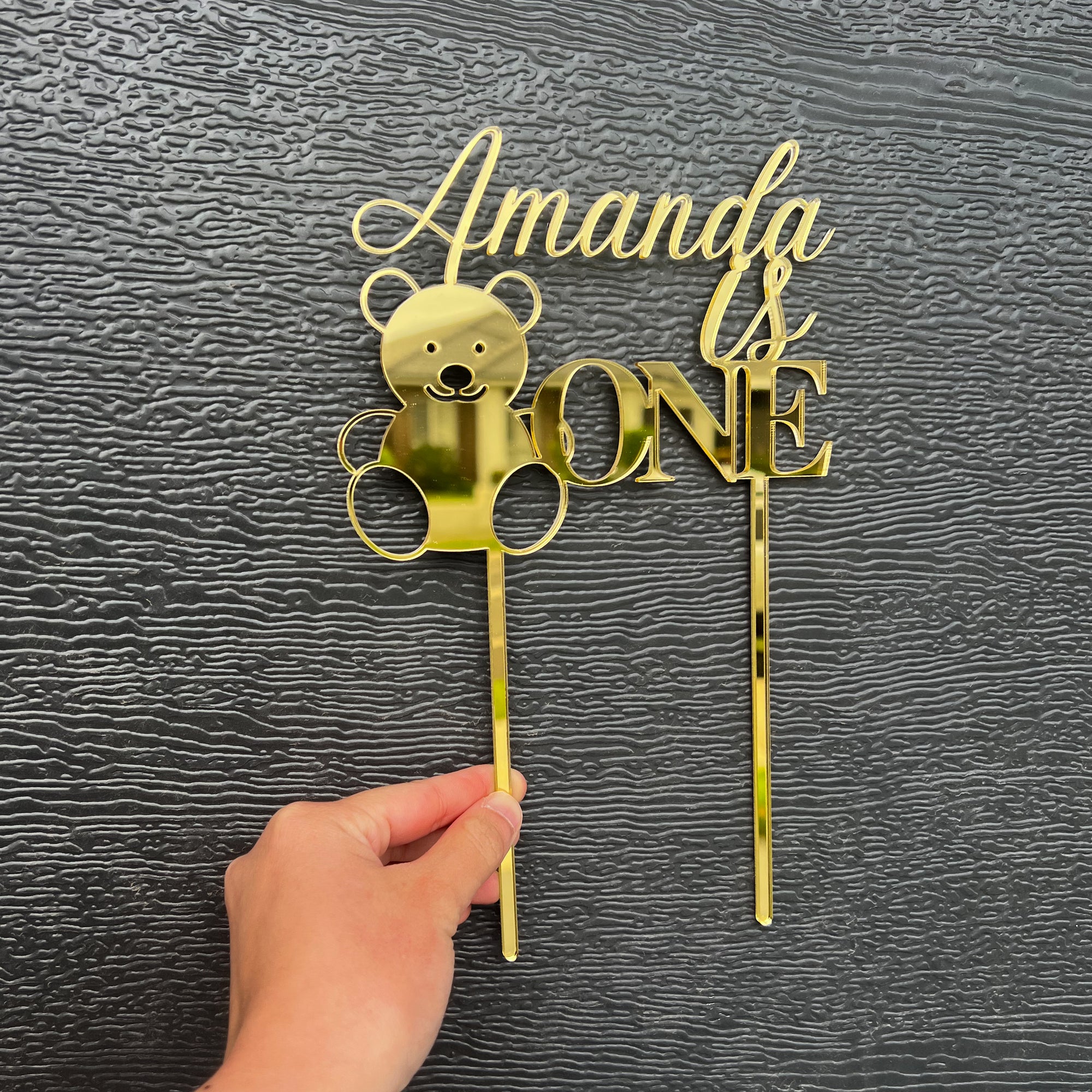 Personalised Bear & Baby Birthday MDF/ Mirror Acrylic Cake Topper, Cut Out Custom Joint Name & Age, Wedding/ Celebration/ Event Party Decor Supply Toppers