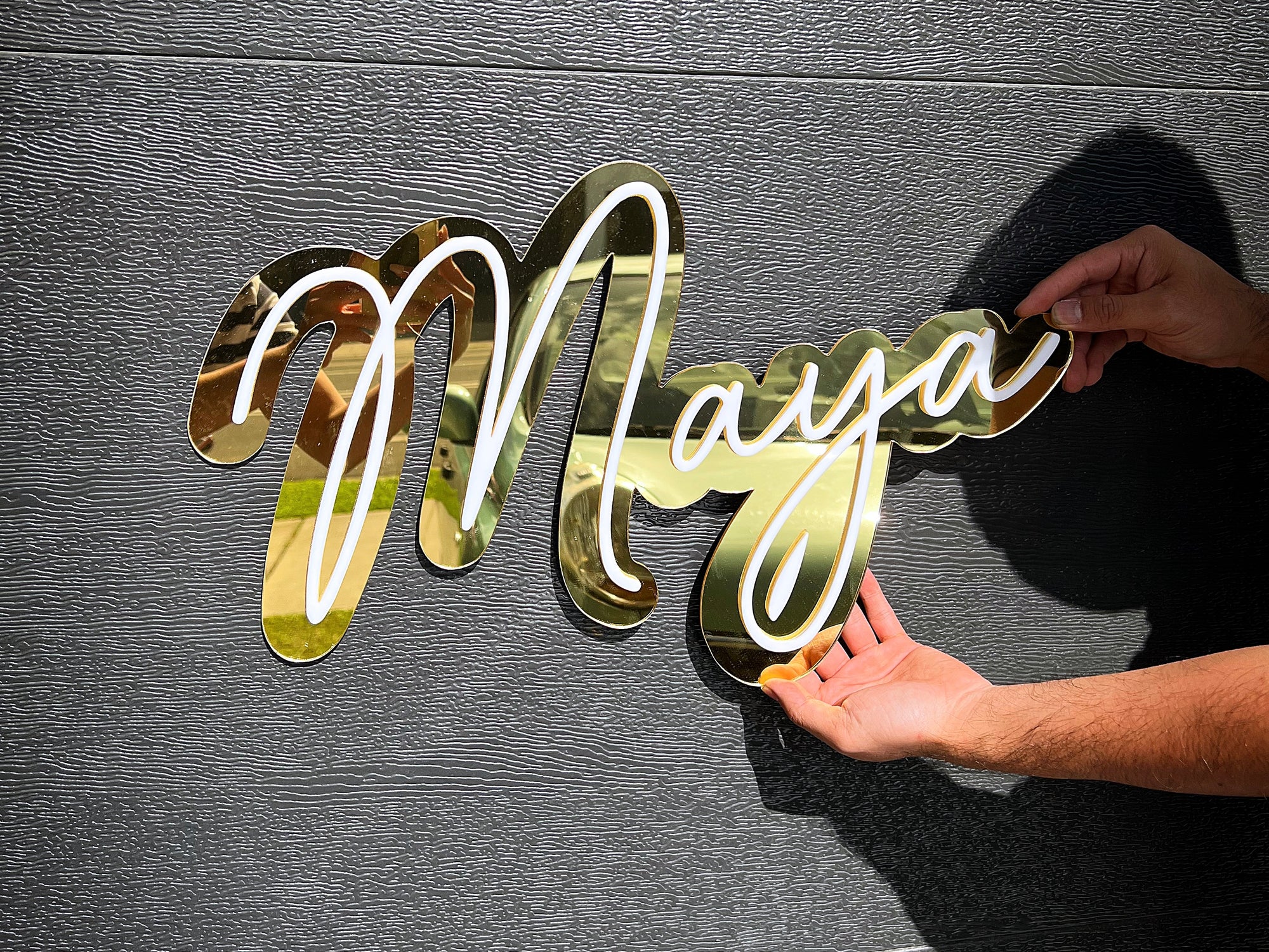 Custom Made Acrylic Mirror 3D Double Layer Script Name Sign, Personalised Wooden Nursery Name Plaque, Party/ Baby Shower/ Christian/ Baptism Birthday Signage