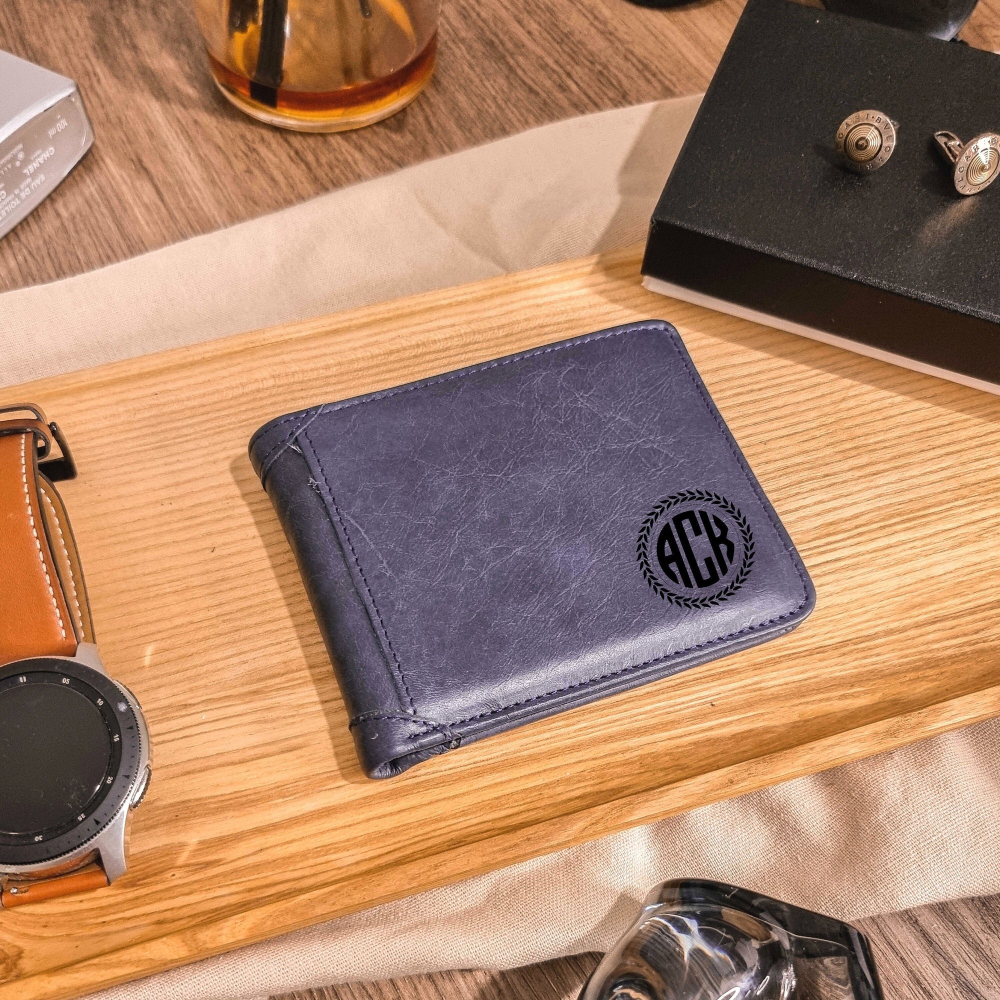 Personalised Genuine Real Leather Cowhide Bifold Wallet, Monogram Custom Engraved Gift for Him/ Father/ Groomsmen/Dad/ Husband Anniversary