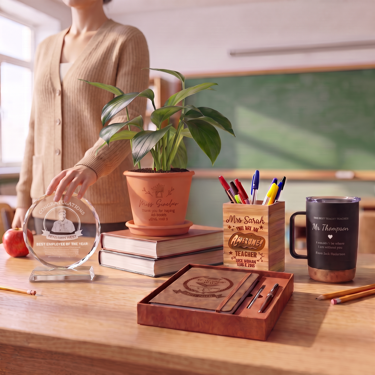 Personalised teacher gifts collection - engraved crystal trophy, terracotta plant pot, suede A5 notebook set, bamboo pen holder and insulated coffee mug