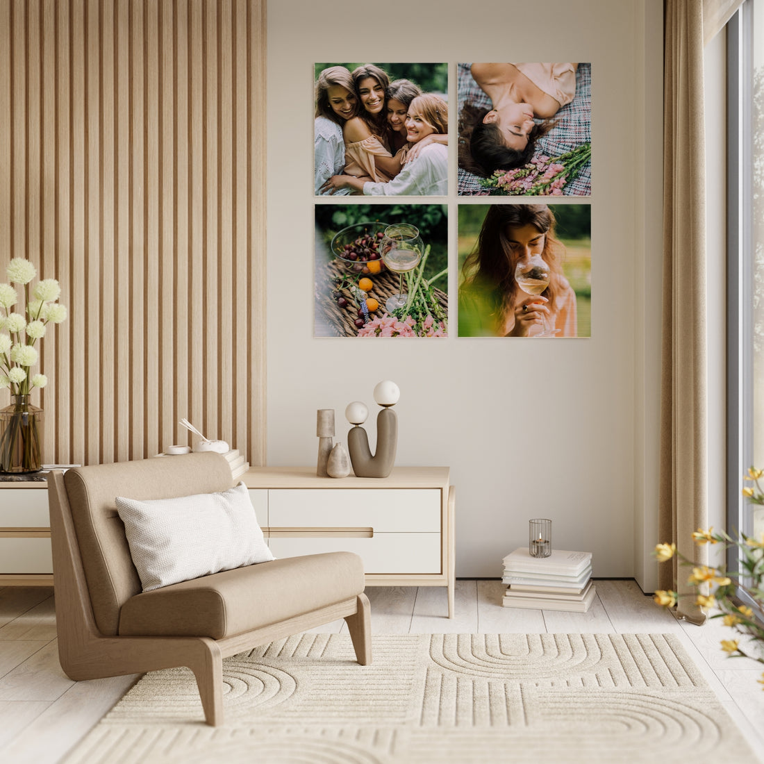 Personalised Set of 4 Wooden Photo Block Square, Custom UV Print Image Wall Hanging Display, Memory Frame Tile Gallery, Housewarming Gift
