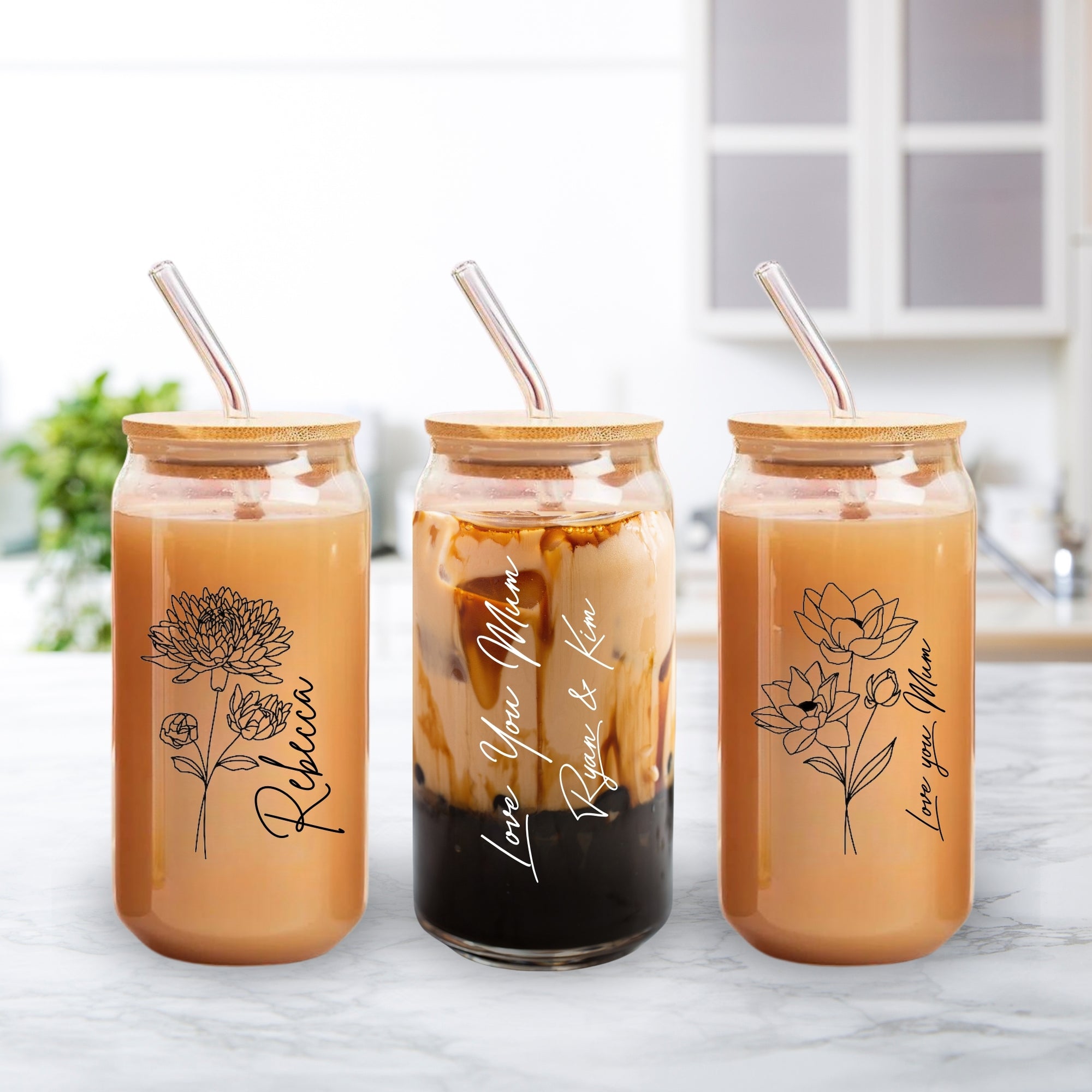 Personalised Name, Birth Month Flower Can Glass &amp; Lid, Straw Set, Custom UV Print Tumbler, Coffee Cup, Wedding Favours, Bridesmaid, Mom Gift