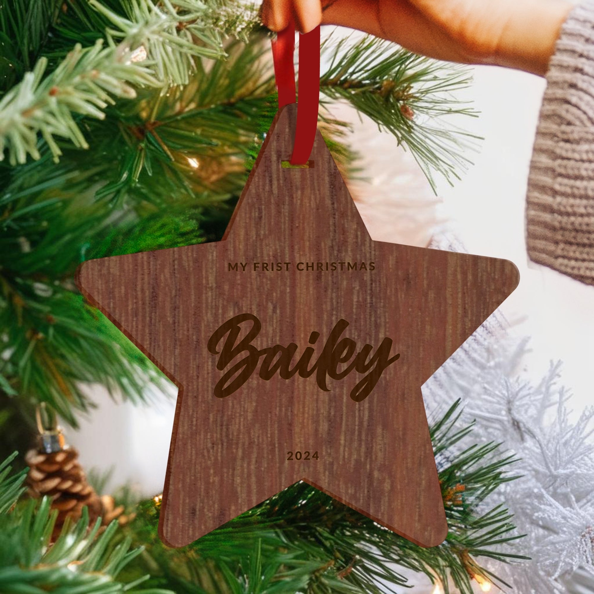 Personalised Mirror Acrylic/ Wood Tree Star Ornament, Engraved Custom Name Mr &amp; Mrs First Christmas  Married New Home, Bauble Gift Tag Decor