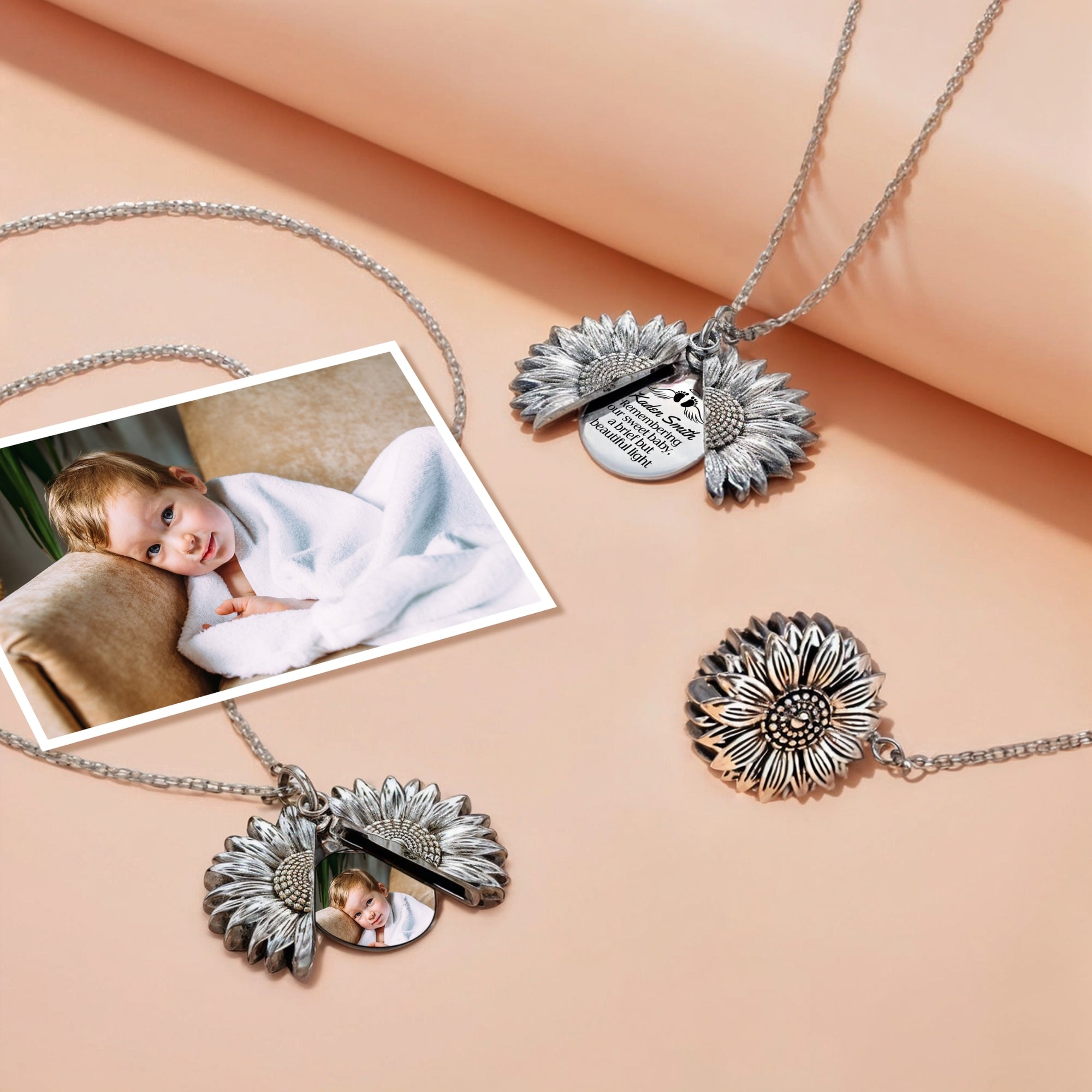 Personalised Photo &amp; Message Sunflower Locket Necklace, In Loving Memory Bridal Charm, Custom Quote Pendant, Wedding, Anniversary, Mom Gift