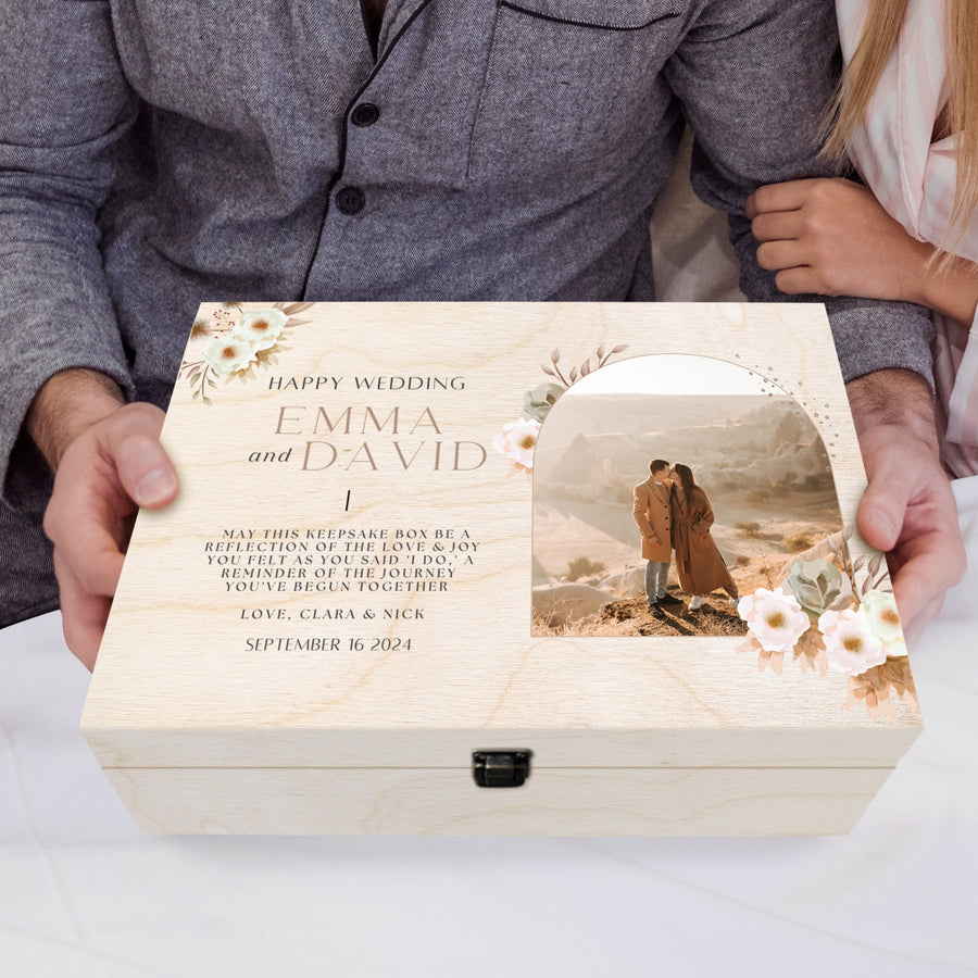 Personalised Wedding Photo Wooden Keepsake Box, Custom UV Printed Memory Treasure Storage, Engagement Couple, Anniversary, Housewarming Gift