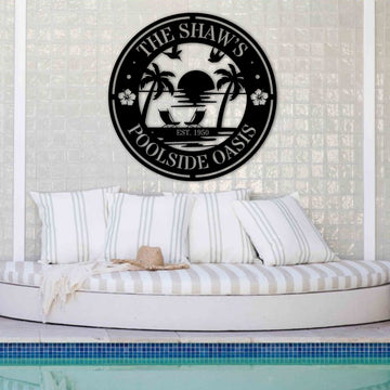 Custom Tropical Palm Oasis Scenery Poolside Hoop Sign, Personalised Name Acrylic Pool Bar Backyard/ Patio/ Deck Wall Art, Housewarming Gift