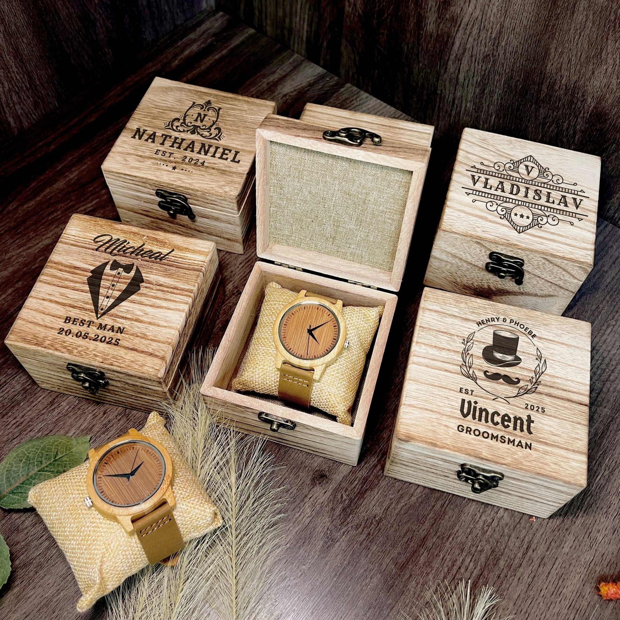 Personalised Bamboo Watch &amp; Wooden Box Set, Custom Engraved Unisex Accessories/ Jewellery Storage, Groomsman/ Dad Mother Gift Wedding Favour