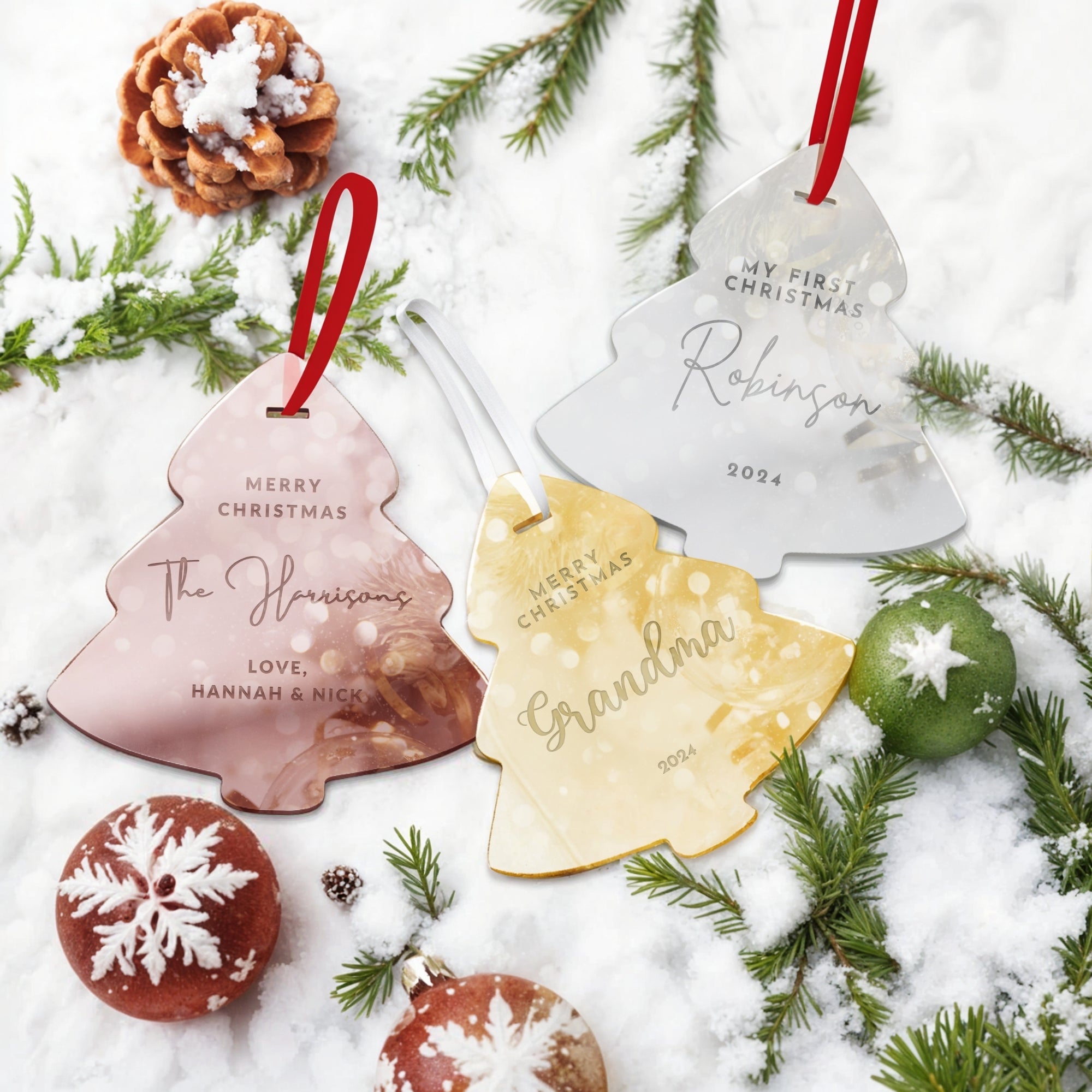 Personalised Mirror Acrylic/ Wood Tree Xmas Ornament, Engraved Custom Name Mr & Mrs First Christmas  Married New Home, Bauble Gift Tag Decor