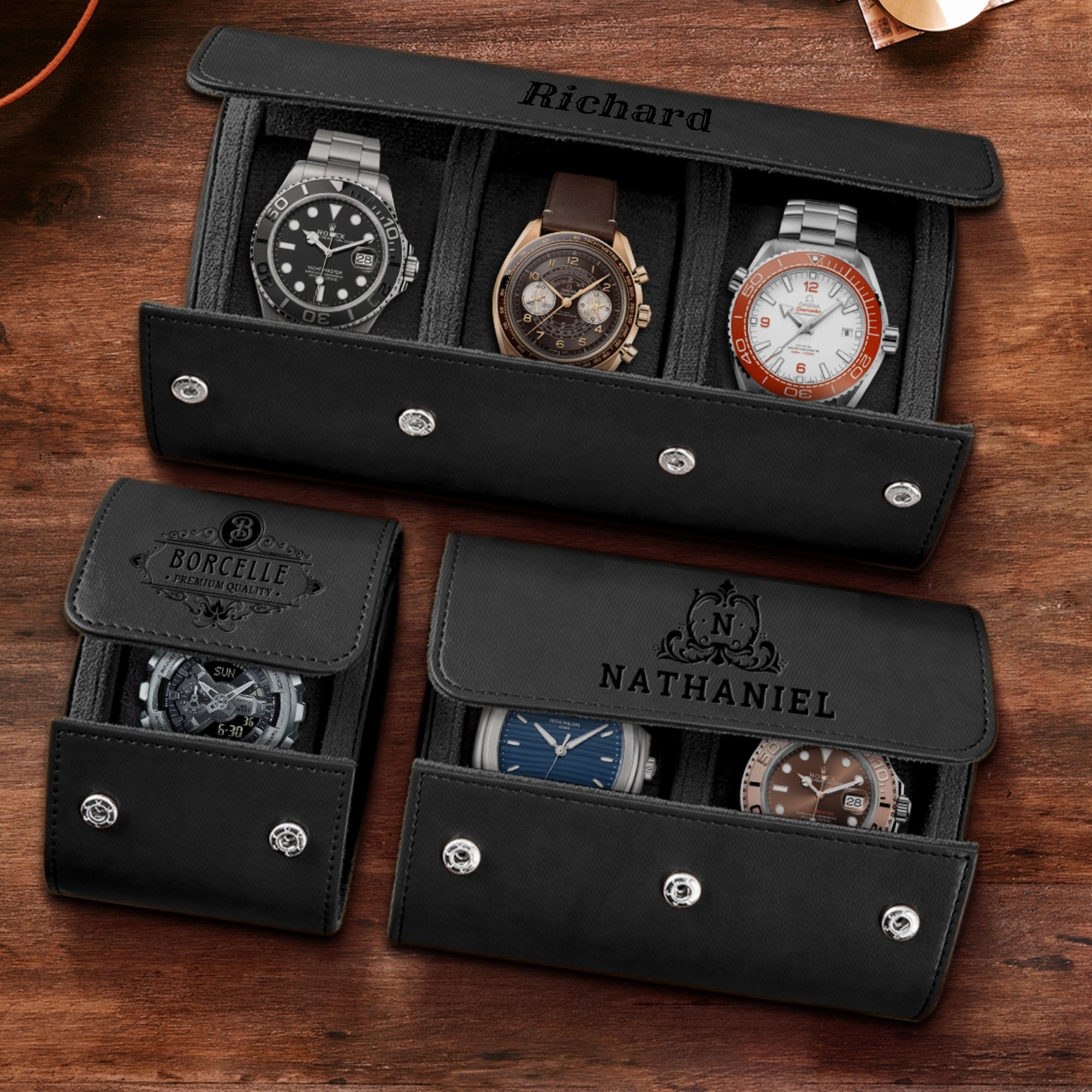 Personalised Black Leatherette Watch Case Box, Custom Engraved Travel Watches Roll Slot Display Storage, Groomsman/ Dad/ Birthday Xmas Gift 