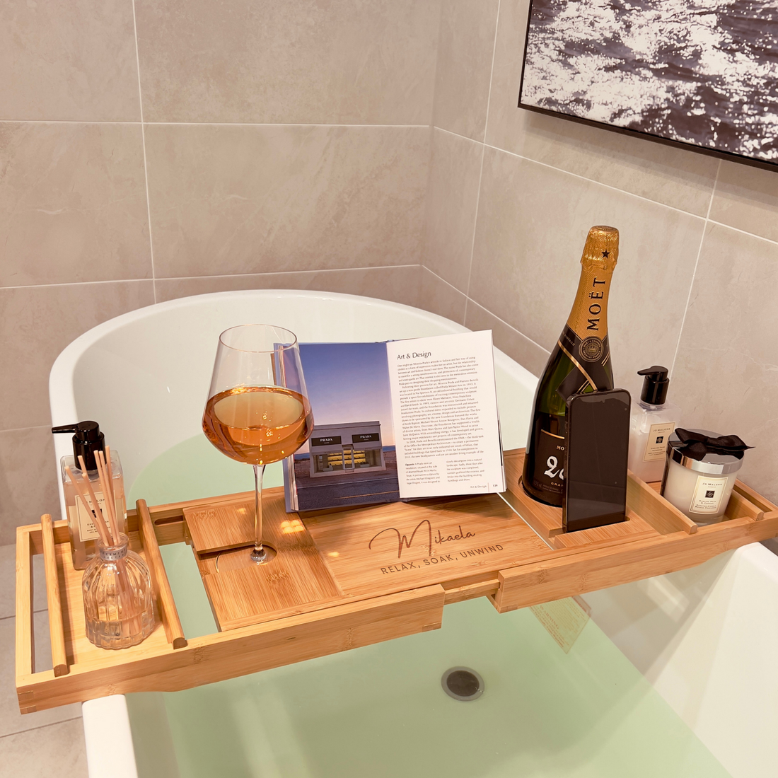 Personalised Bamboo Extendable Bath Caddy Tray, Custom Engraved Wooden Adjustable Spa Bathtub Storage Rack with Phone Slot, Candle, Wine Glass Holder, Tablet/Ipad/Book Holder