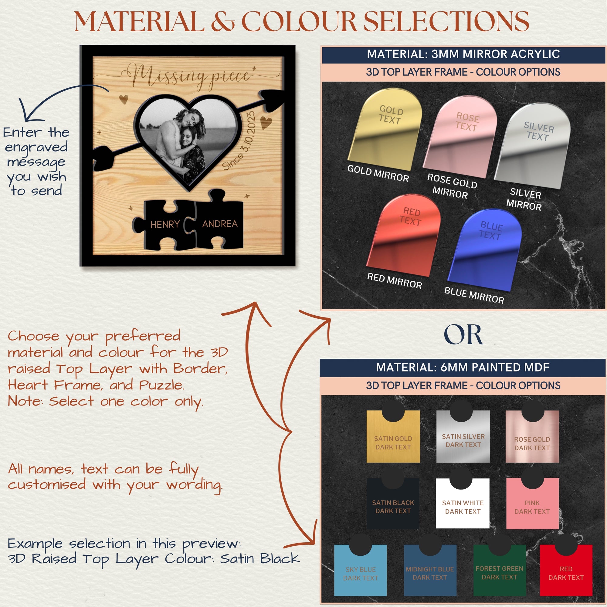 Personalised 3D Heart Puzzle UV-Printed Couple Photo on Engraved Wooden Block