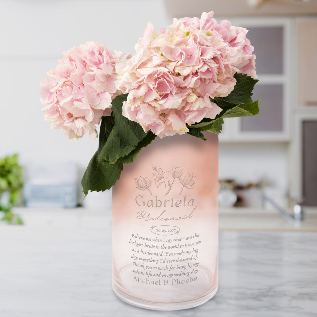 Personalised Large Curved Cylinder Frosted Pink Glass Vase, Engraved Logo Memorial Wedding, Bridesmaid Mother, Housewarming Anniversary Gift