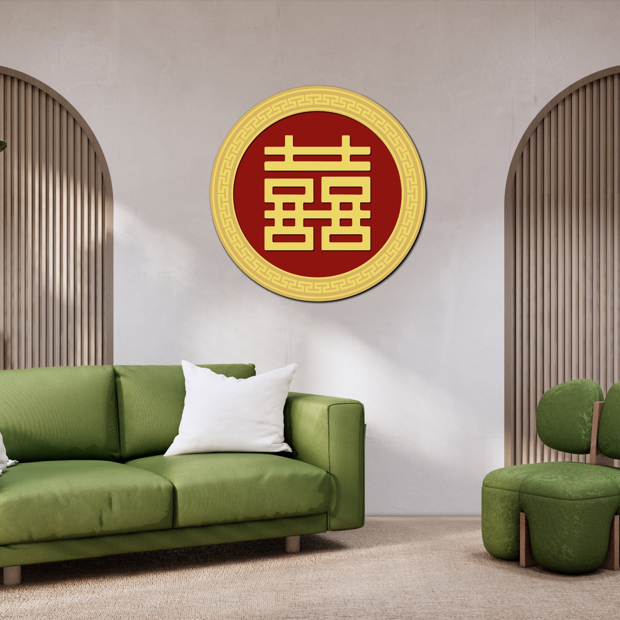 Custom 3D Mirror Acrylic Round Traditional Asian Wedding Sign, Chinese Double Happiness 囍 Hỷ Joy Tea Ceremony Signage, Event Wall Decor Hoop